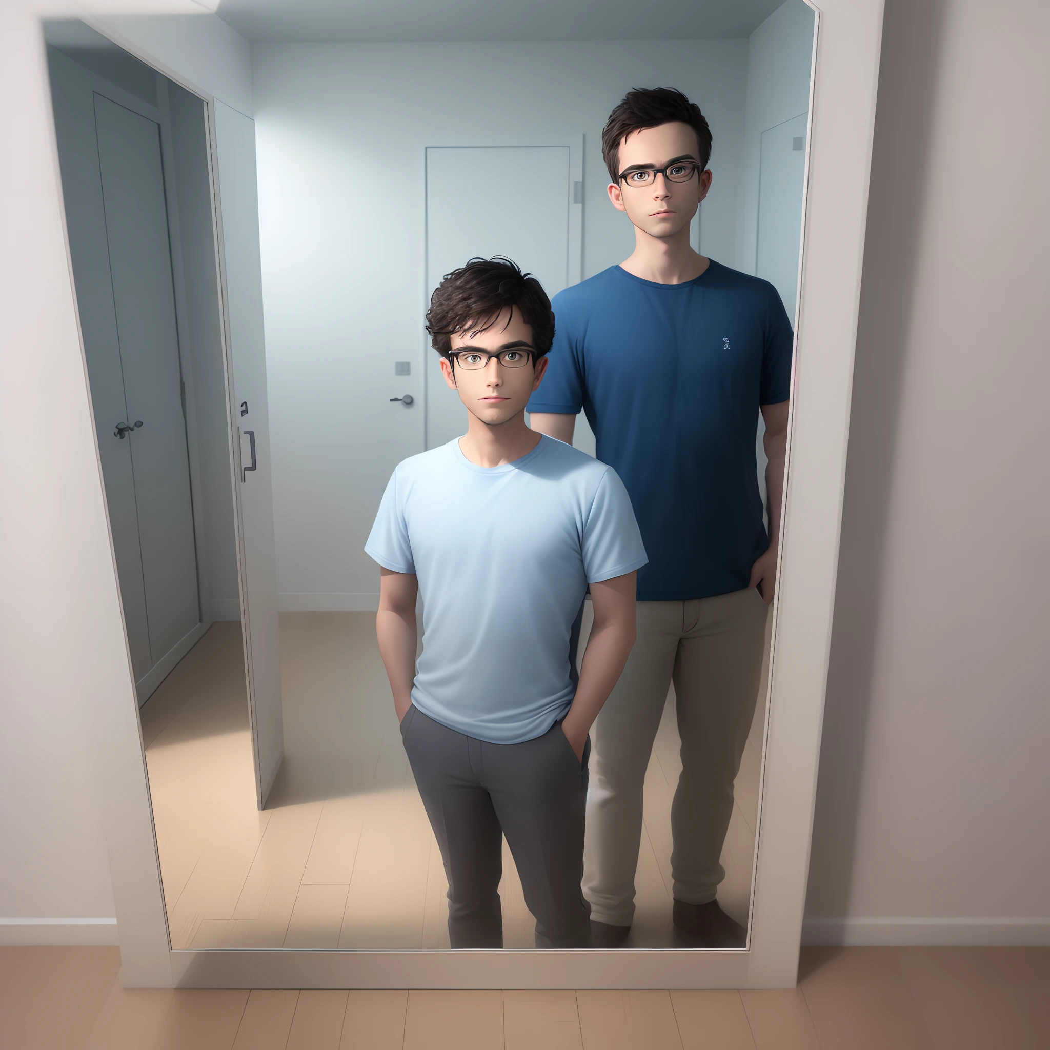 The image features a man wearing glasses and a blue shirt, standing in a room. He appears to be taking a selfie, capturing his reflection in a mirror. The man is positioned in the center of the frame, with the mirror visible behind him. The room seems to be a simple, white space, with no other objects or people in the scene. pixar 3d