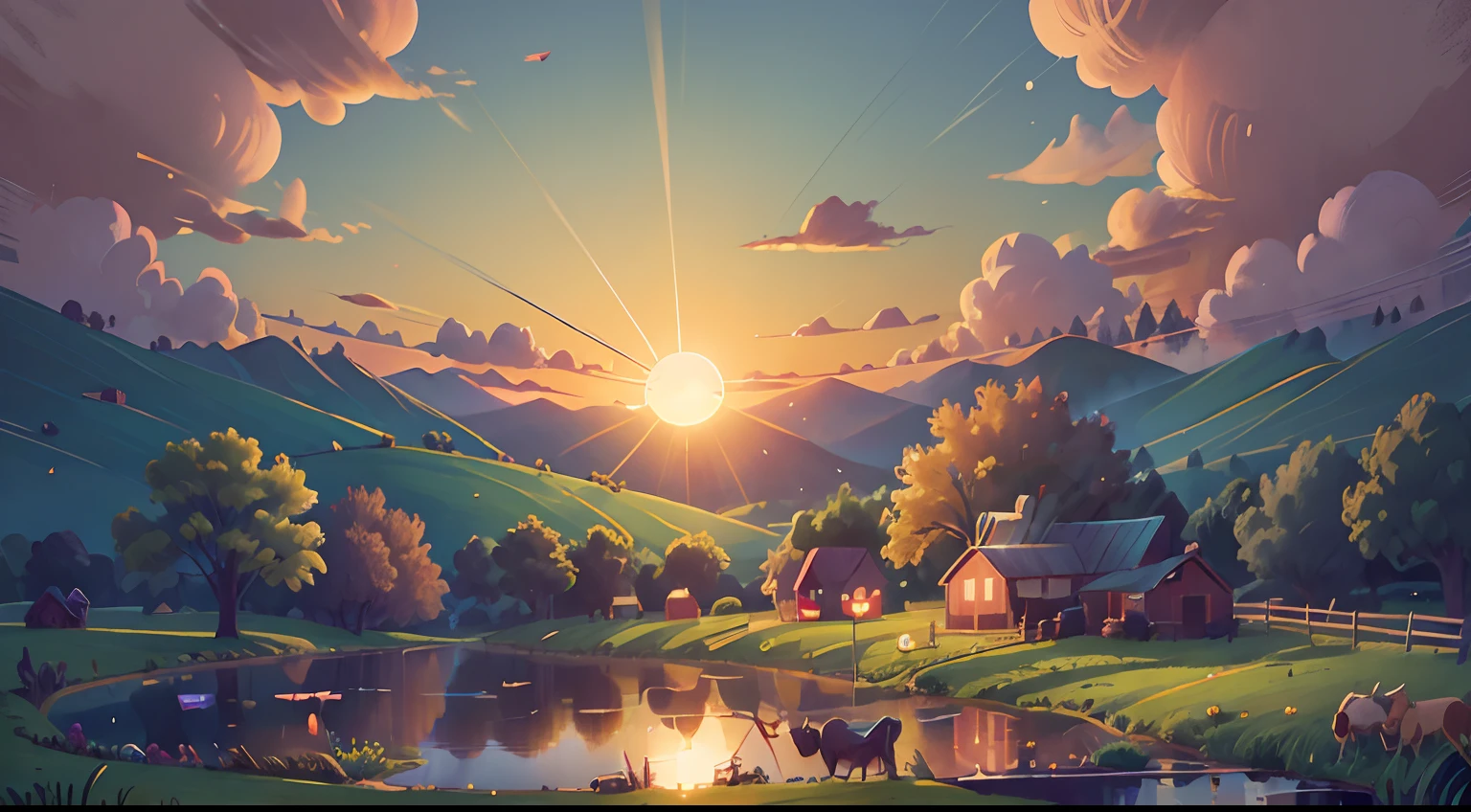 Sunset over the farm with lake, symbolizing the peace restored after the event. angelic illumination.
