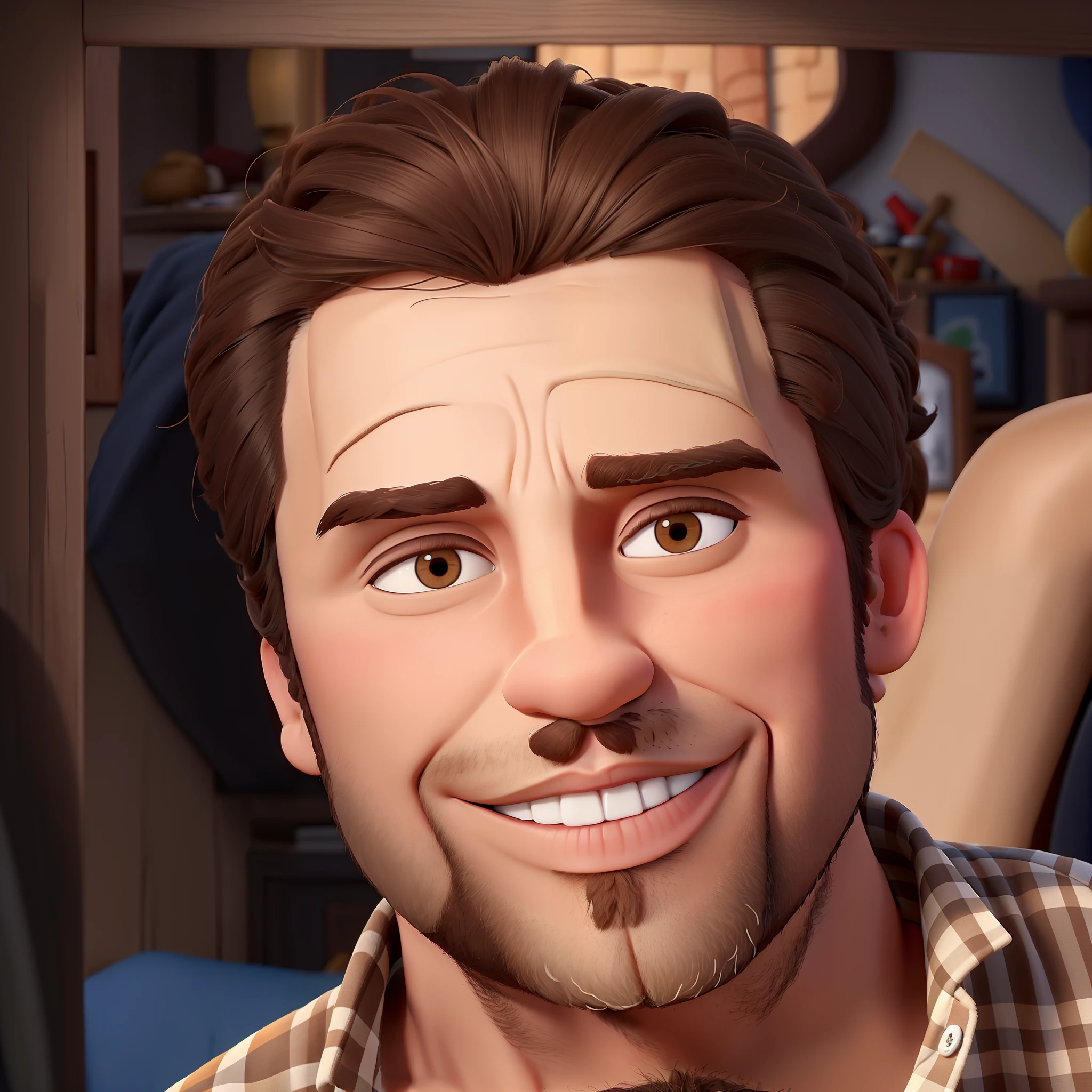 homem arafed com barba e camisa xadrez sorrindo, olhando para frente, olhos castanhos, Brown hair slicked back, 43 anos, disney pixar cartoon