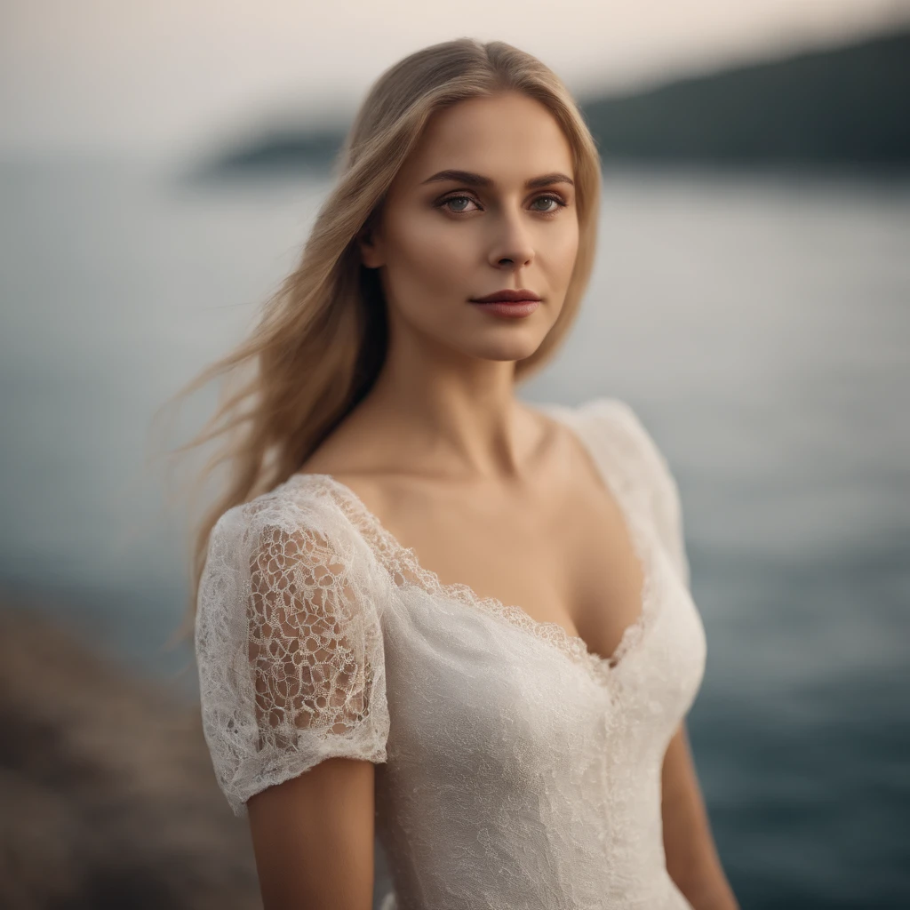 a photo of a , Masterpiece, A girl 25 years , Slavic appearance, Long blonde hair below the shoulders, The face is oval , Pointed chin, Nose Small Potato , Lips of medium swelling , The eyes are large, not much squinted , Brown , Eyebrows are perfect, high forehead , Not much below the neck on the right is a mole, Average height , Breasts 2 sizes, white see-through dress , Full-length , Background sea , is looking at the camera, hiquality, hight resolution .