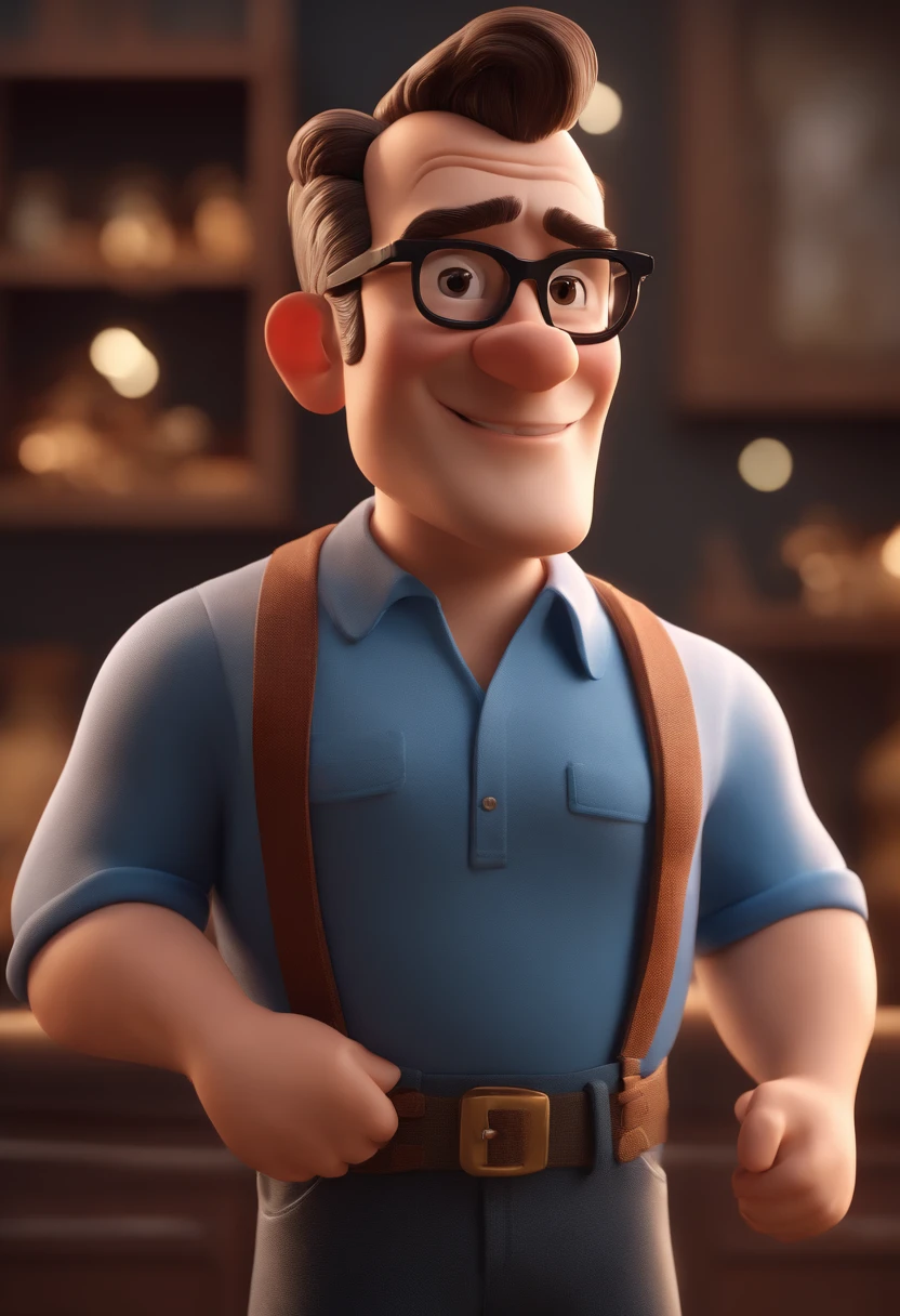 Cartoon character of a man with black glasses and a blue shirt, animation character, Caractere estilizado, animation style rendering, 3D estilizado, Arnold Maya render, 3 d render stylized, toon render keyshot, Personagem 3D, Personagem 3D, 3d rendering stylized, 3 d character render, personagem de desenho animado, Personagem de close up, Pose de personagem,  (Estilo Pixar) (master part:1.2) (Bokeh) (best quality) (pele detalhada) (textura detalhada) (8k) (argila) (Cinematic lighting) (foco nítido