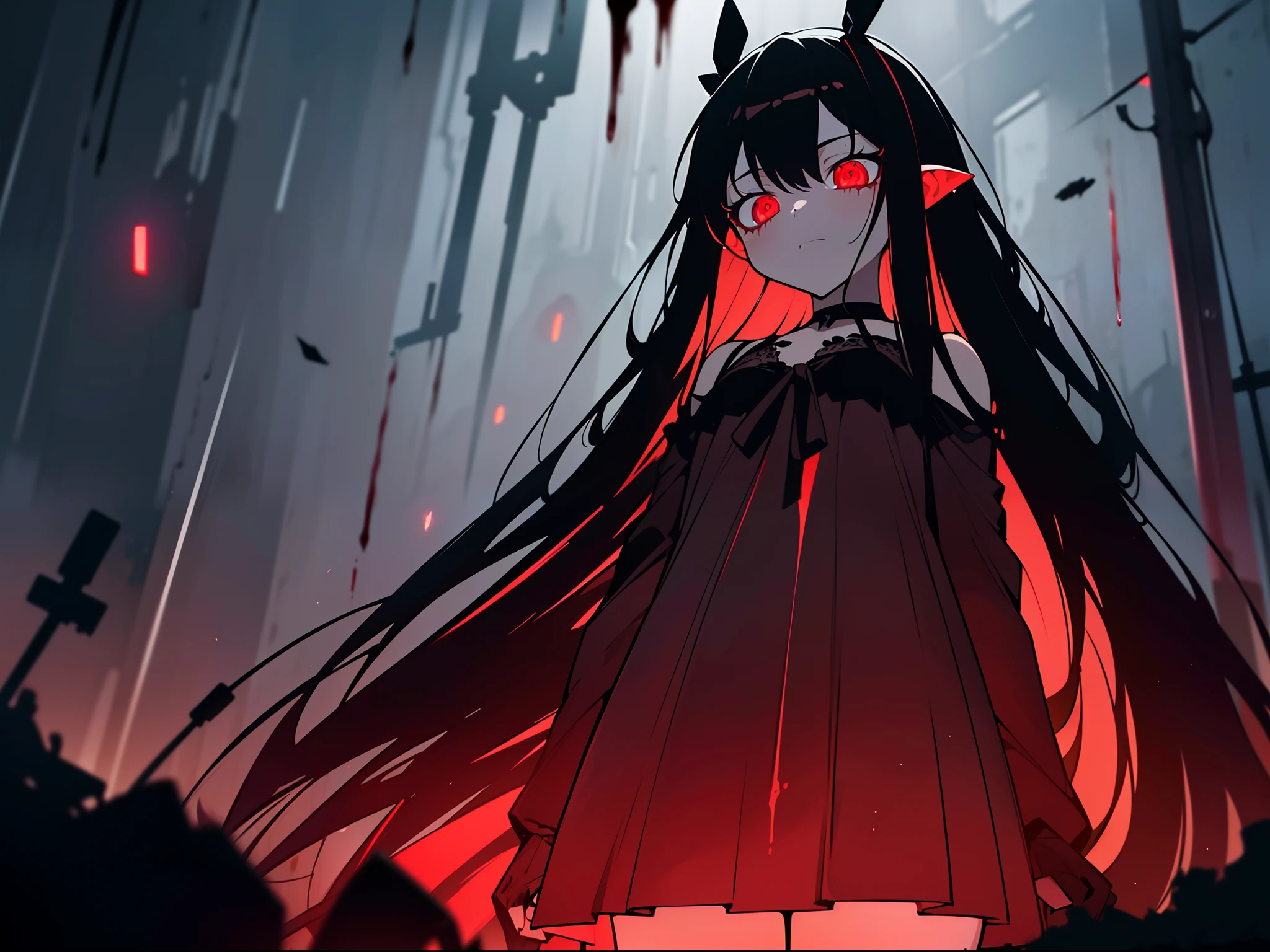 1 li girl ,standing, (full body),cinematic lighting , cinematic angle,Dutch angle , ((blood rain)) ,(Faintly emerge from the darkness) , (rape face) ,black long straight hair, hair ribbon , red eyes,black dress, (glowing eyes), horror ,((masterpiece)), ((best quality)), ((ultra-detailed)), (illustration), ((an extremely delicate and beautiful))