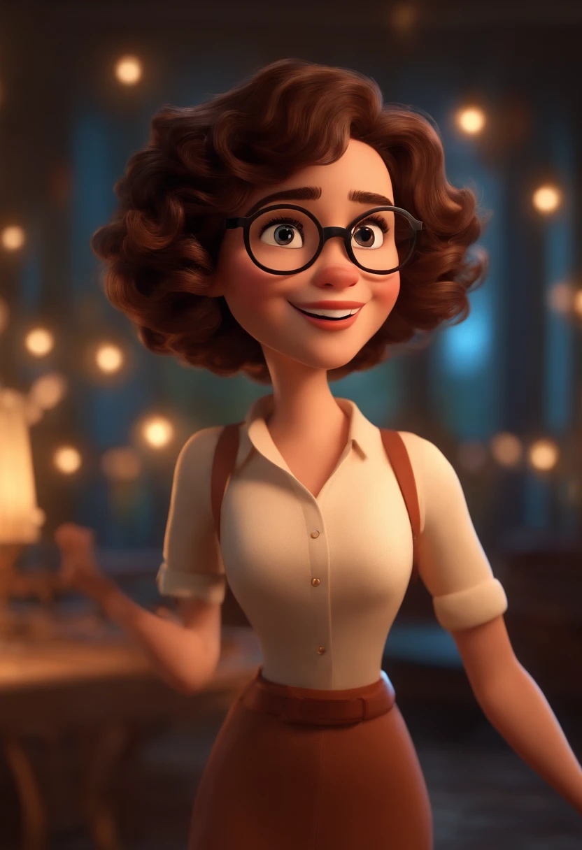 Pixar style image with 3D character white glasses brunette woman short curly hair dancing, Maquiagem Disney,Pescador, bonitinho, sorridente ,Close-up, Pixar, Disney, Cinema lighting,