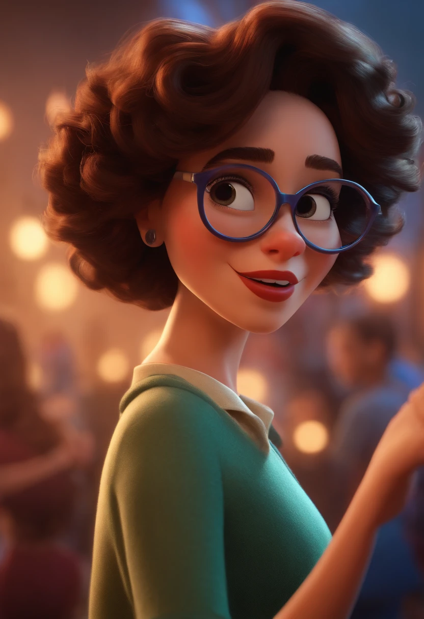 Pixar style image with 3D character white glasses brunette woman short curly hair dancing, Maquiagem Disney,Pescador, bonitinho, sorridente ,Close-up, Pixar, Disney, Cinema lighting,