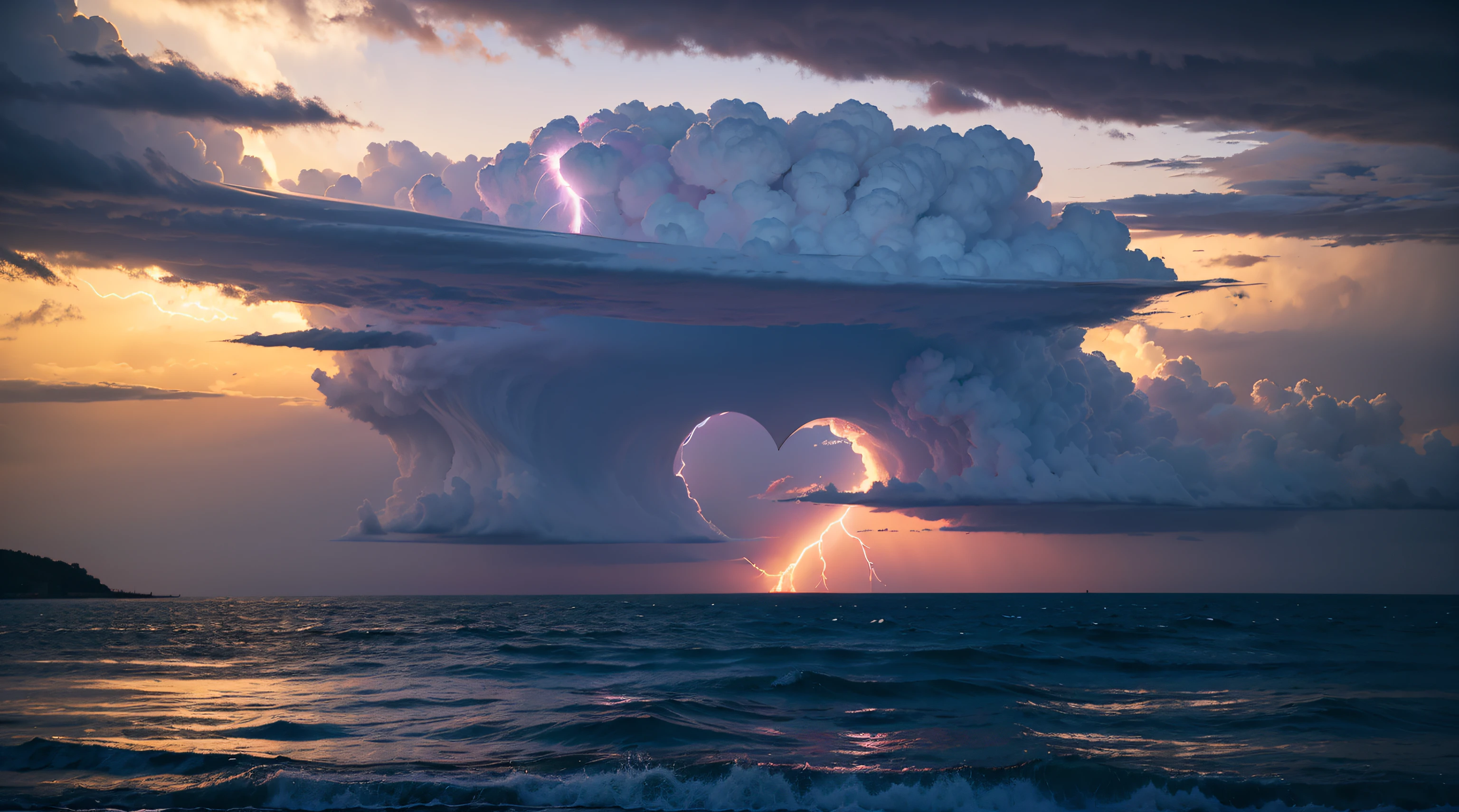 Heart-shaped purple storm clouds, Heart-shaped storm cloud shape with a variety of colors, Lightning around the clouds, Clouds on the sea, David Carson(David Carson)style of high detail