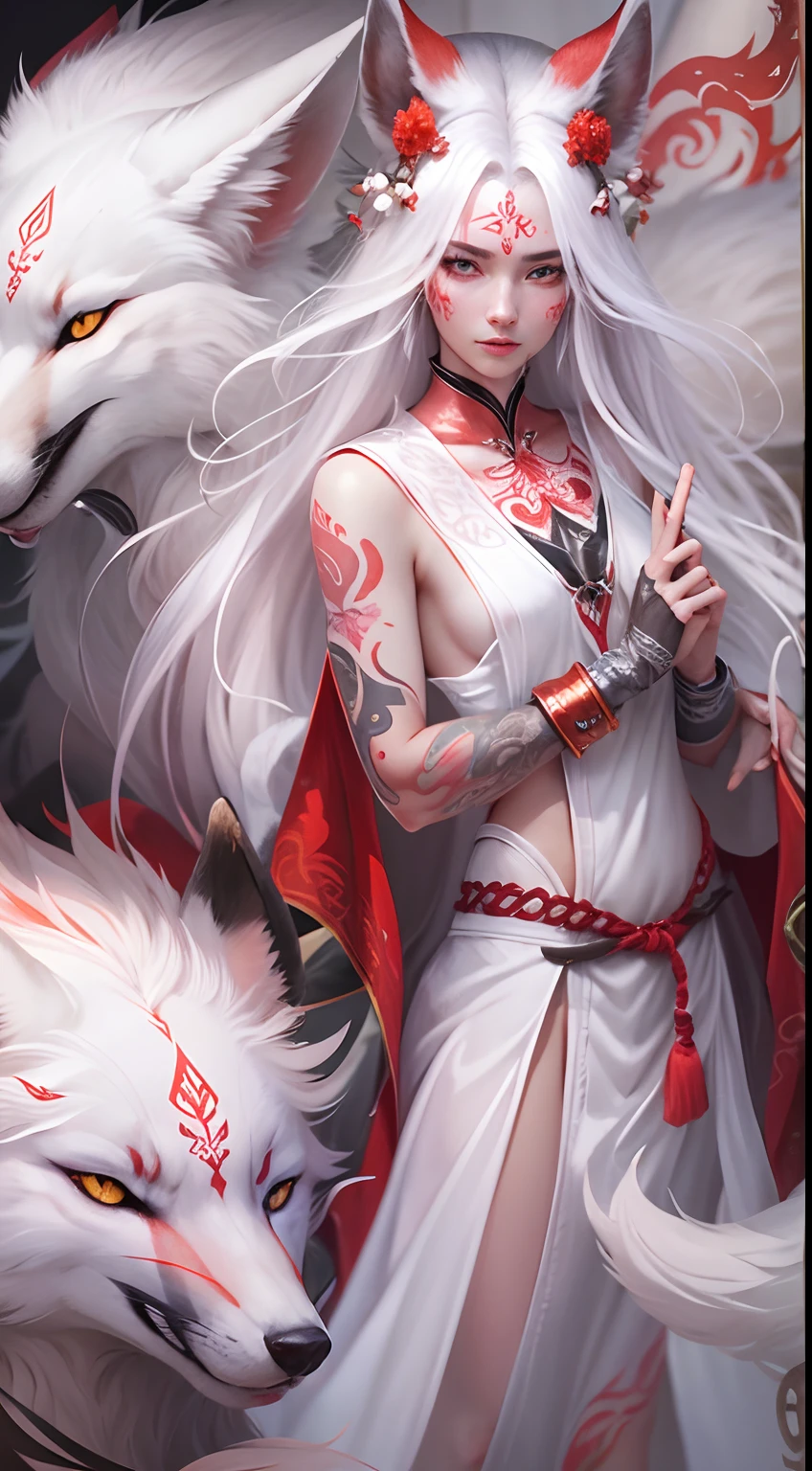 Mythical white fox with nine tails, looking at viewer directly,White with some red tattoos