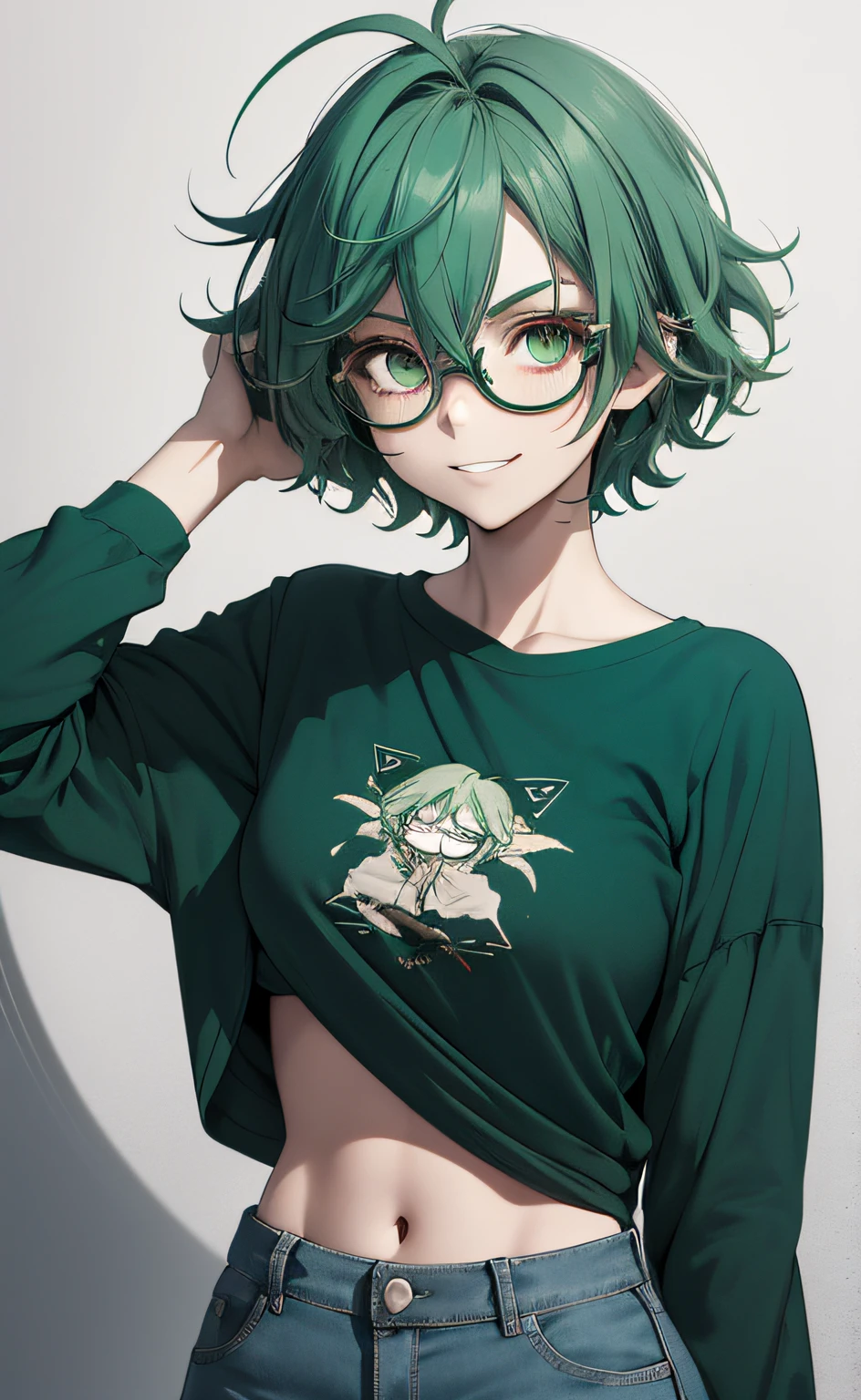Masterpiece, best quality, 1girl, solo, 23 years old, adult, teal and green hair, messy hair, asymmetrical hair, ahoge, very short hair, aqua eyes, medium breasts, toned, 167cm, pale skin, glasses, grin, olive green shirt, jeans, midriff peek,