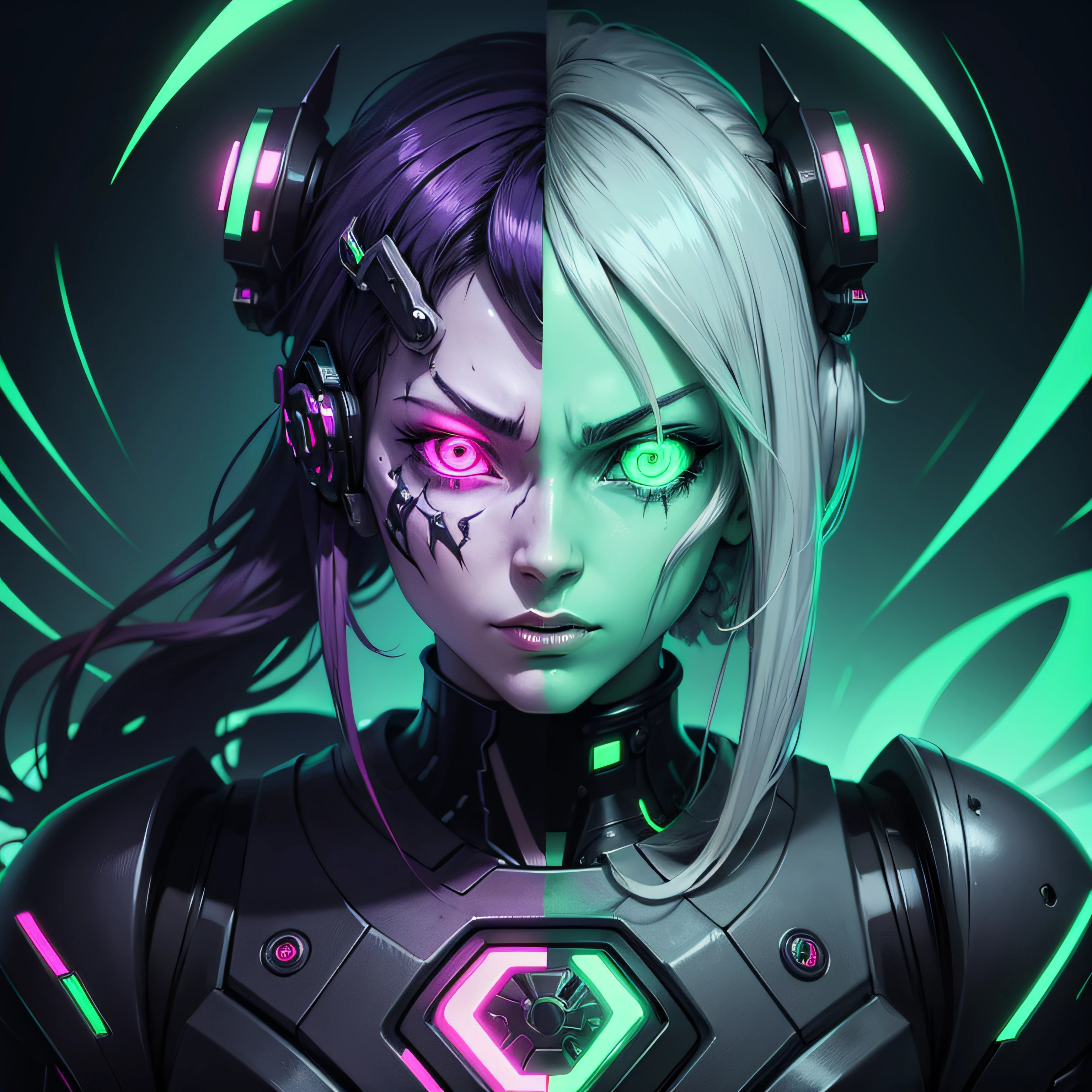 anime phonk brain sick horror cover cyborg half demon creative background with neon green colors