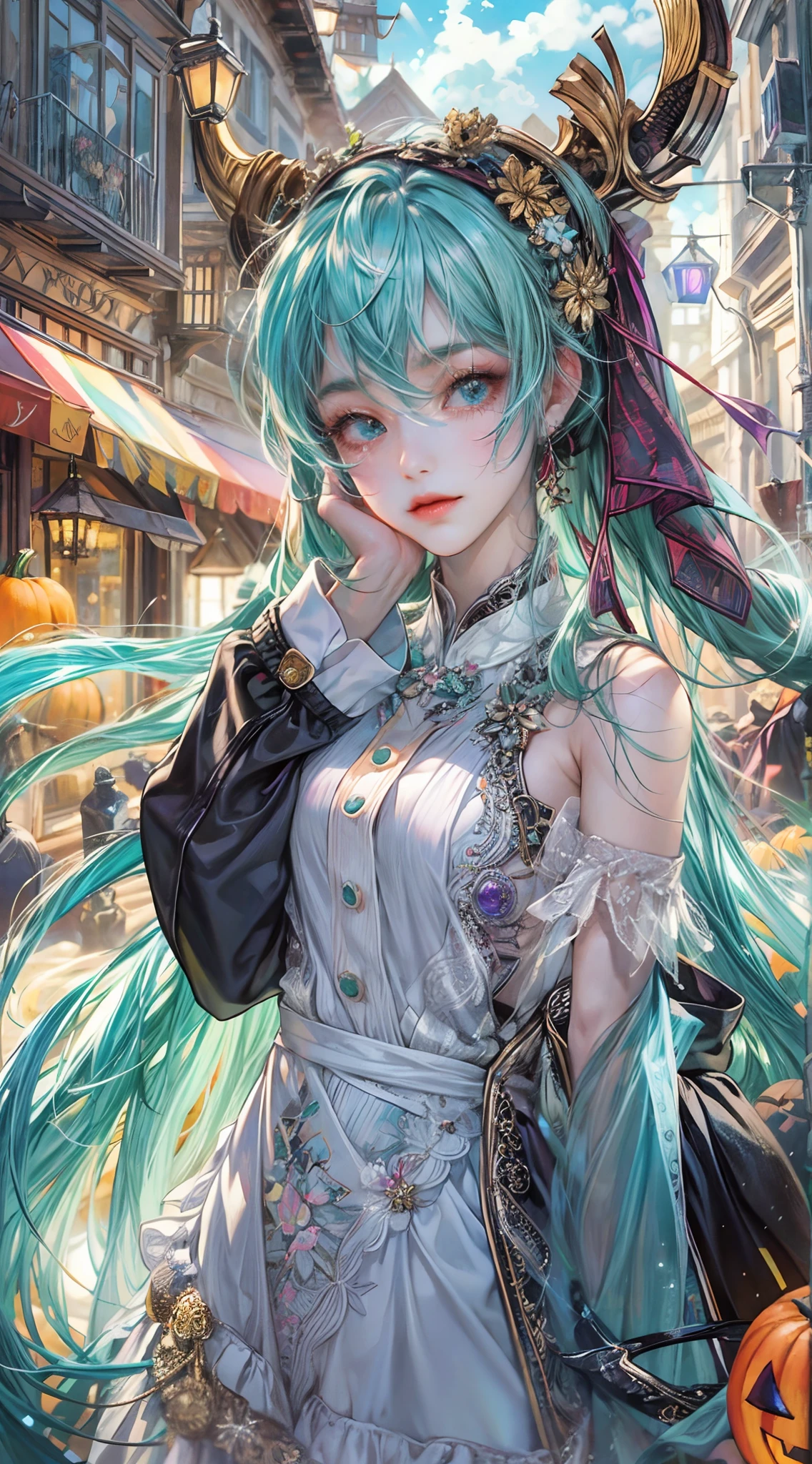 Absurdres masterpiece HDR high quality picture of Hatsune Miku, very  girl 14 years ailed face, simple hair design , beautiful face, hands on waist and hands are hiding in her hair and clothes , very long hair, ((random hair style:1 )) , anime eyes, light skin , 

Halloween Festival outfit , succubus outfit, detailed hair ornaments  , Halloween town background, masterpiece scenery