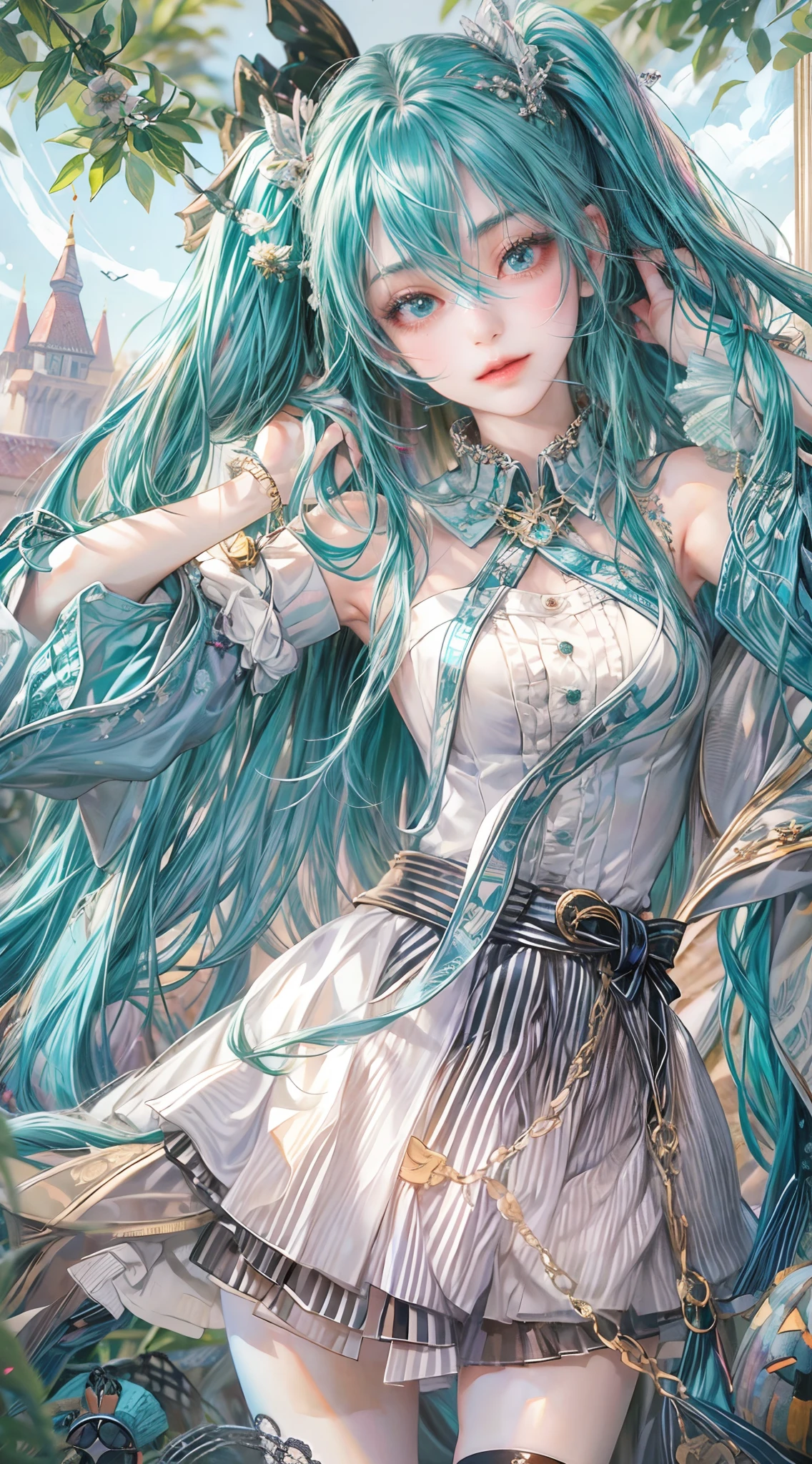 Absurdres masterpiece HDR high quality picture of Hatsune Miku, very young age girl 14 years old with detailed face, simple hair design , beautiful face, hands on waist and hands are hiding in her hair and clothes , very long hair, ((random hair style:1 )) , anime eyes, light skin , 

Halloween Festival outfit , succubus outfit, detailed hair ornaments  , Halloween town background, masterpiece scenery