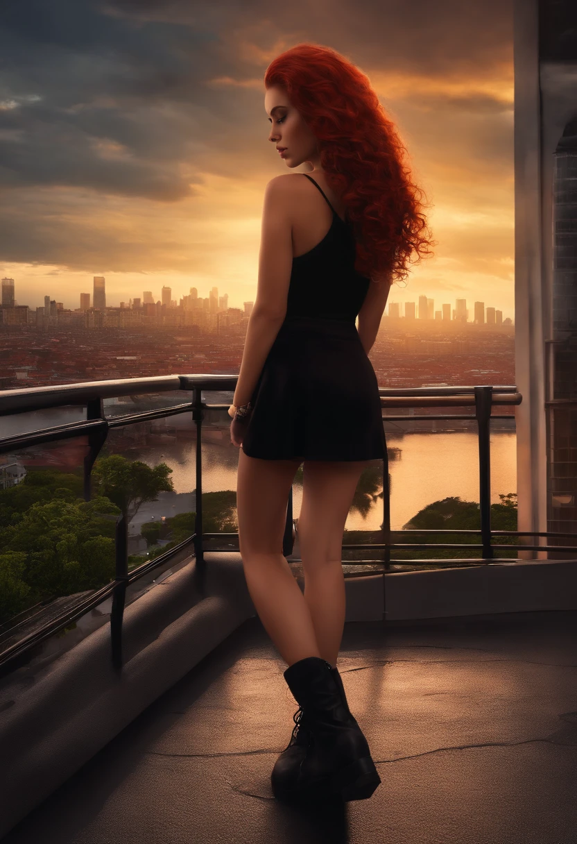 ((best illustration)) Brazilian girl, red hair, teenage body, black top, black tight skirt, black boot, urban landscape, building, skyline, sunset, silhouette against the clouds, contemplative.