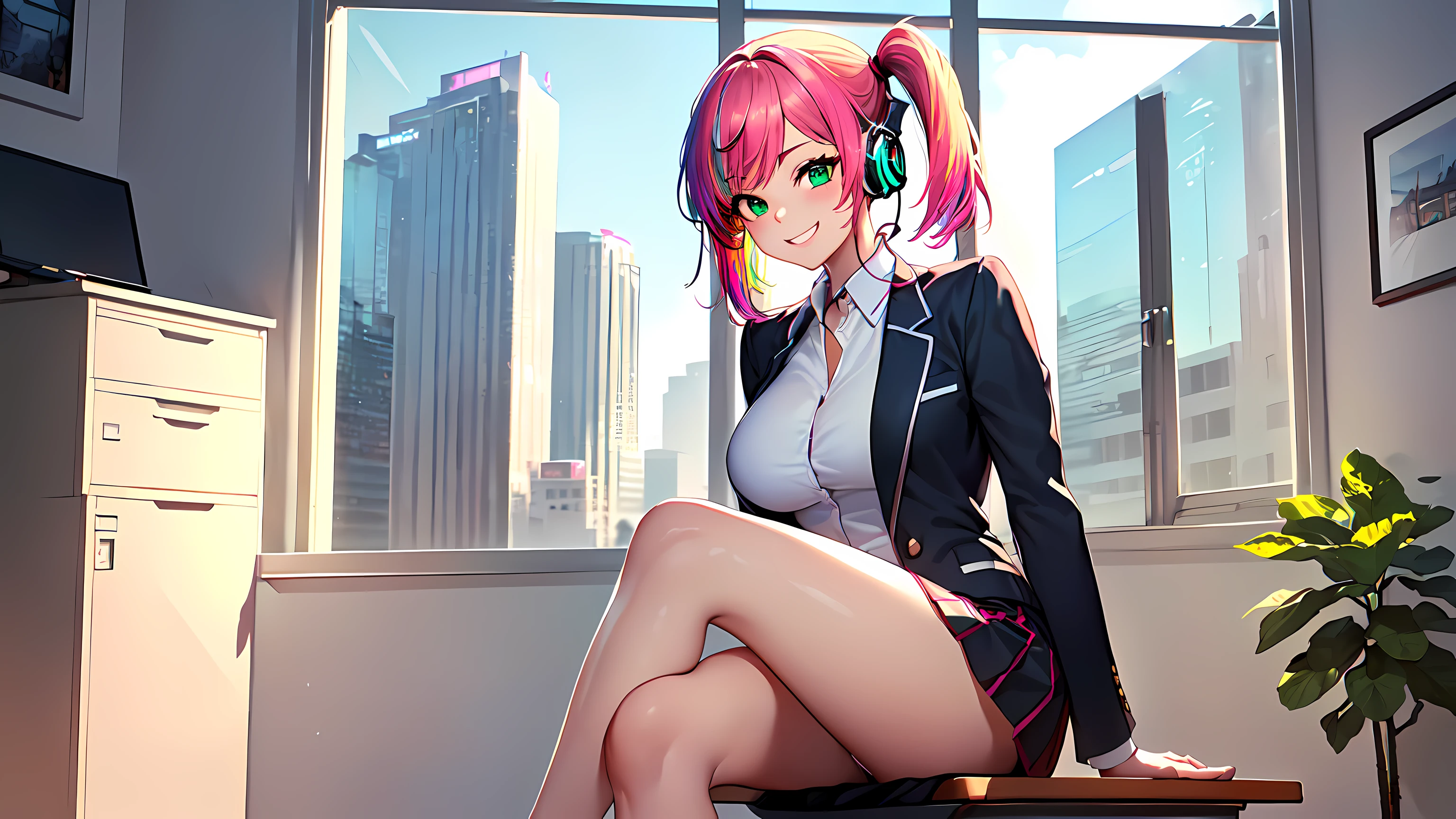 hd masterpiece, 1girl ((20year old, dressed in a tight red business suit, business suit jacket, tight white shirt, tight knee length business skirt:1.2, high heels, medium breasts, multicolor pink hair, twin ponytails, perfect model body, green eyes:1.5, flirting, happy, big smile, wearing headphones, mid shot:1.3, sitting in a modern business office suite:1.2, with windows in the background:1.3, professional and casual atmosphere:1.2)) ((solo:1.6))