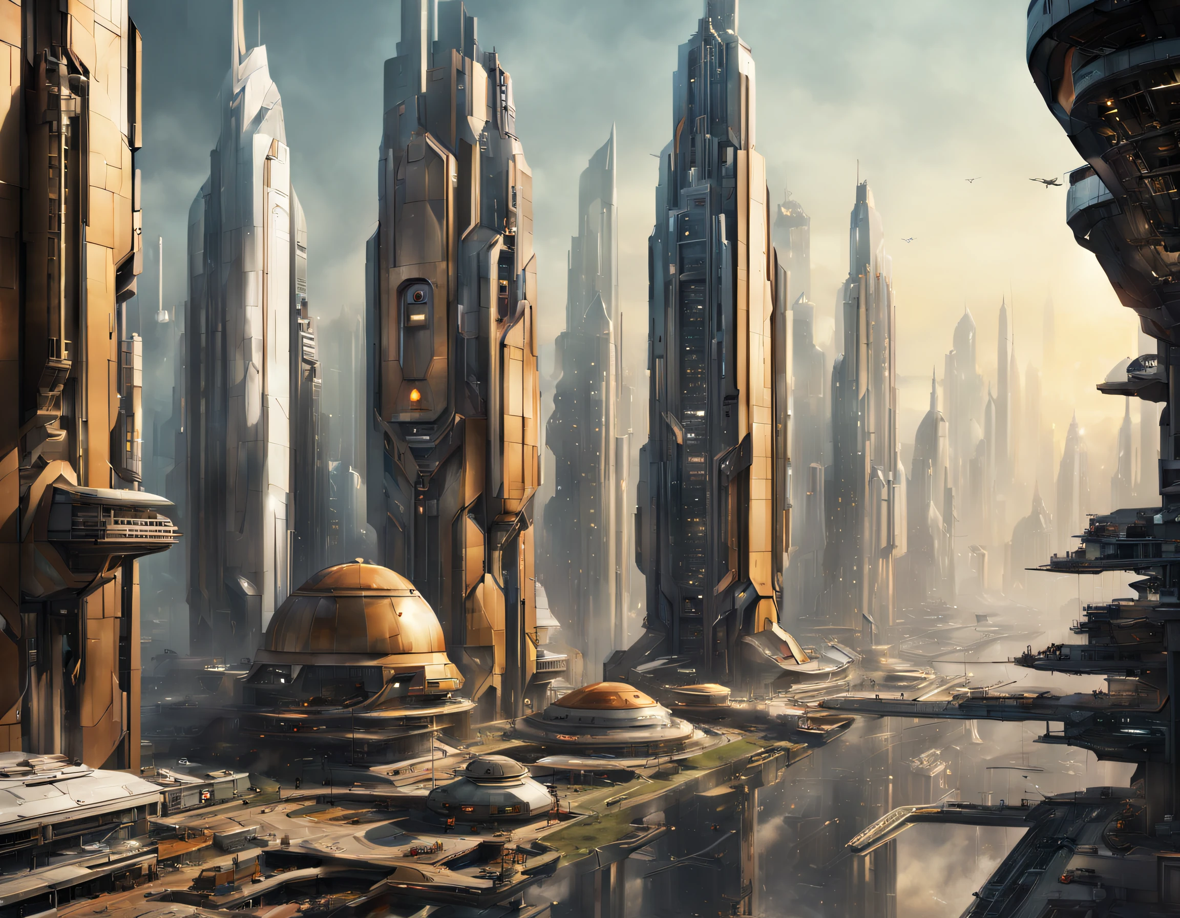 The city of Coruscant from Star Wars as designed by Doug Chiang, futuristic fantasy city with immense buildings of technological design (que forman una avenida infinita), edificios compactor no difuminados, con estructuras acristaladas en plata, oro y bronce espectaculares, (con colores vivos). pavimento ensolado (sin brillo). gente paseando. imagen bien definida con muchos edificios juntos. imagen nitida bien definida 8k. los edificios llegan alta el fondo.,8k. imagen cinematografica.