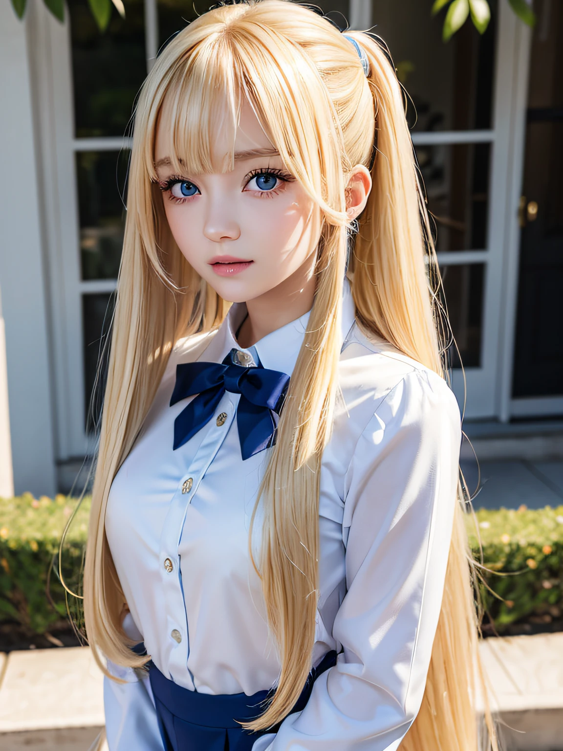 portlate、School Uniforms、bright expression、poneyTail、Young shiny shiny white shiny skin、Best Looks、Blonde reflected light、Blonde hair with dazzling highlights、shiny light hair,、Super long silky straight hair、Beautiful bangs that shine、Glowing crystal clear attractive big blue eyes、Very beautiful nice cute 16 year old girl、Lush bust