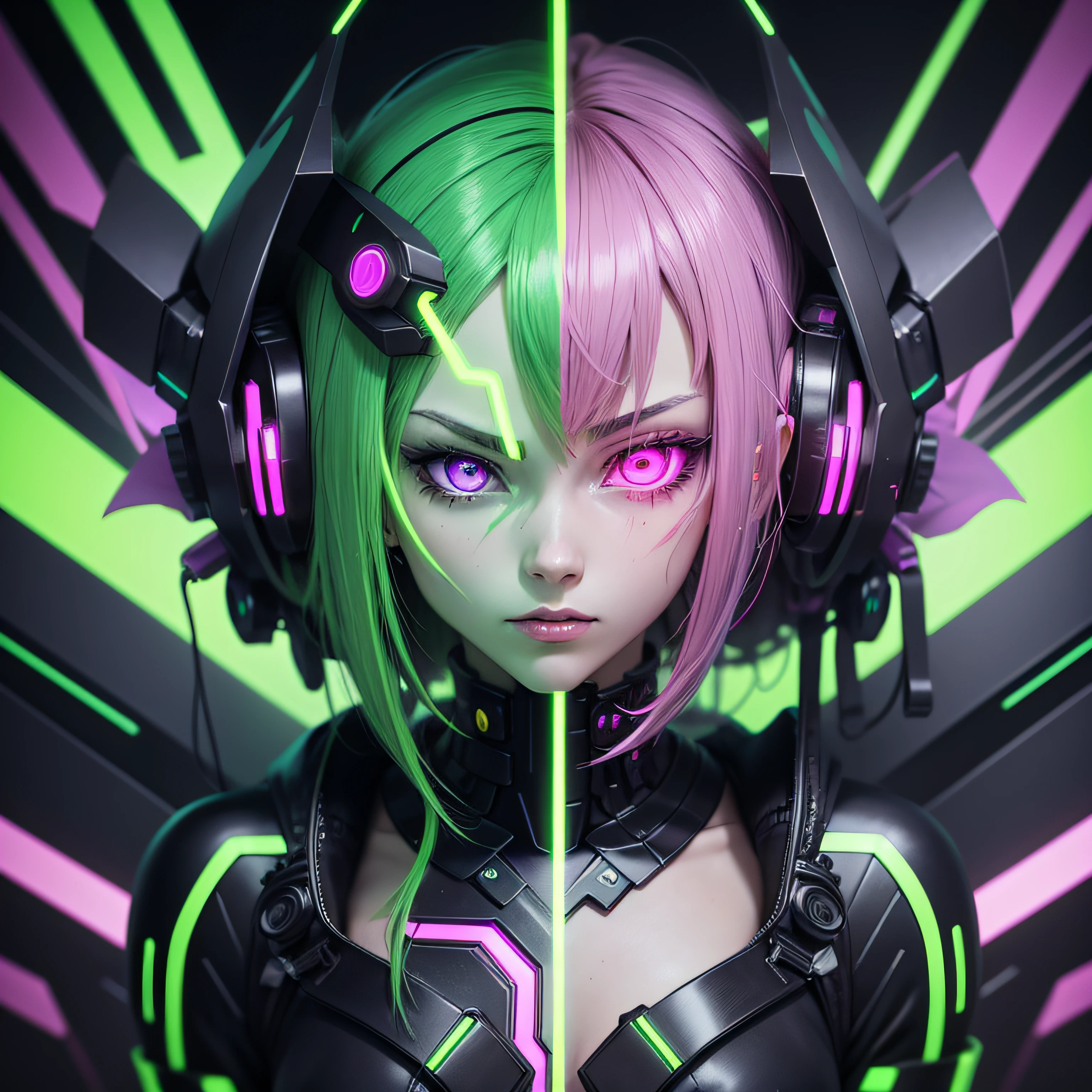 anime phonk brain sick horror cover cyborg half demon creative background with neon green colors