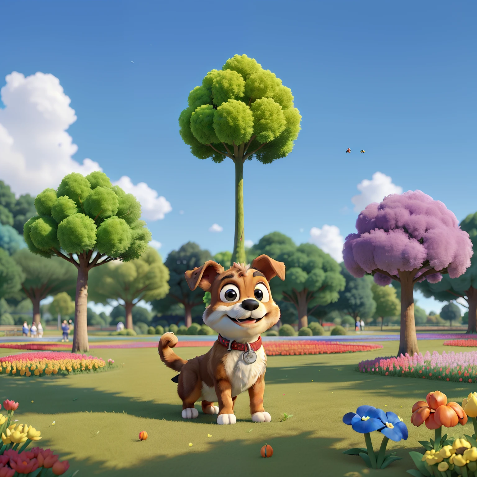 (filhote de cachorra Shitzu Branca bonita:1.2), sorriso, Pelo longo e liso、personification, Mushroom cap on head, Processado:(charicatura:1.3,Film Production, a pose:(animado:1.2, divertido), Modelado:(ultra-qualidade:1.2,8k,orthographic view),Tulips, sky-blue, For the background(A park full of greenery:1.1),{Complexo e ultra-detalhado, Giuseppe Arcimboldo}