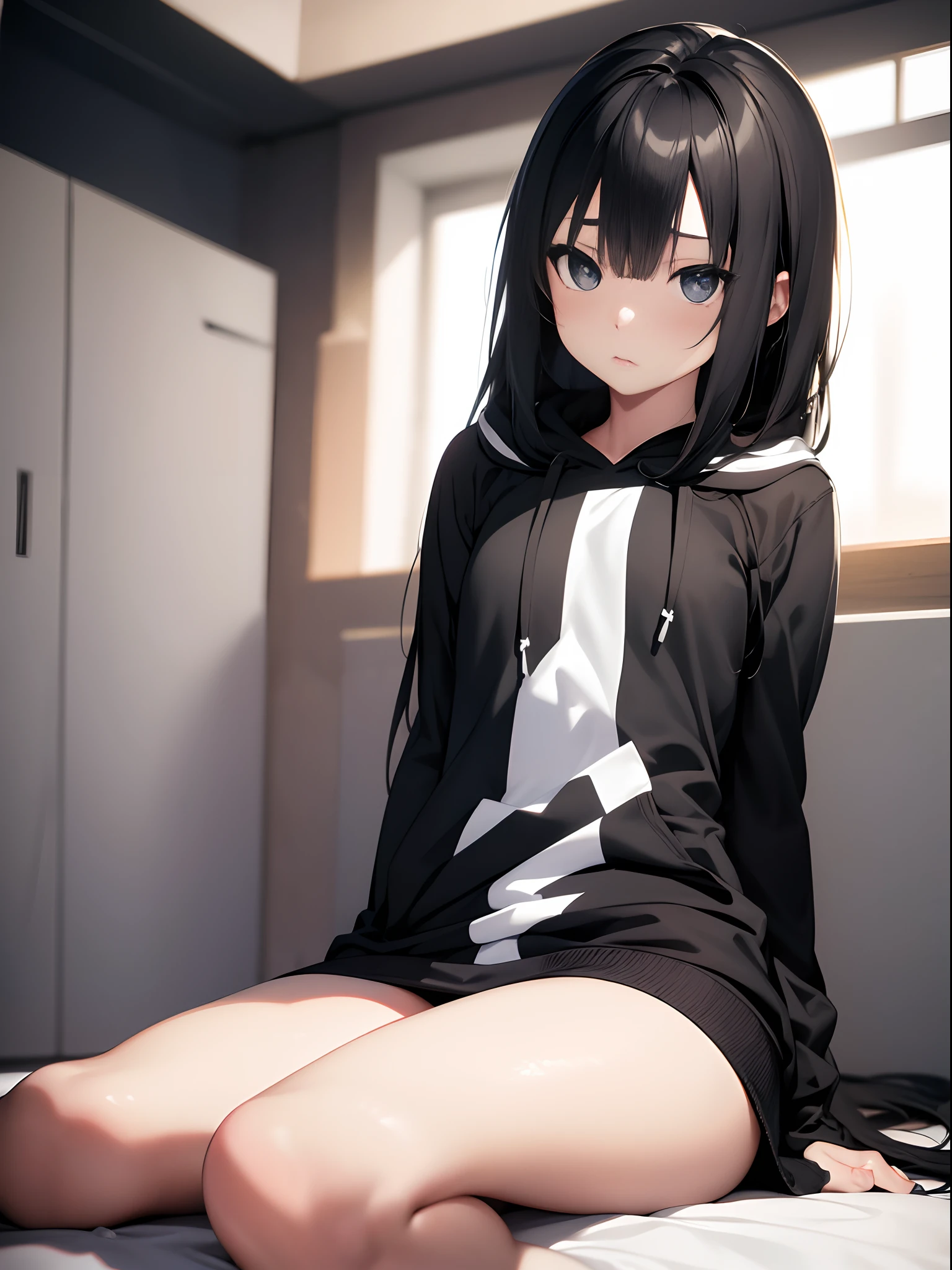 Photorealistic, high resolution, ultra high graphics, Black and white, amine girl, 1 girl, solo, long hair, perfect figure, beautiful, cute, lonely, captivate eyes, beautiful two legs, beautiful tow hands, is sitting, inner, upper body, hoodie, looking down, alone, looking down, down