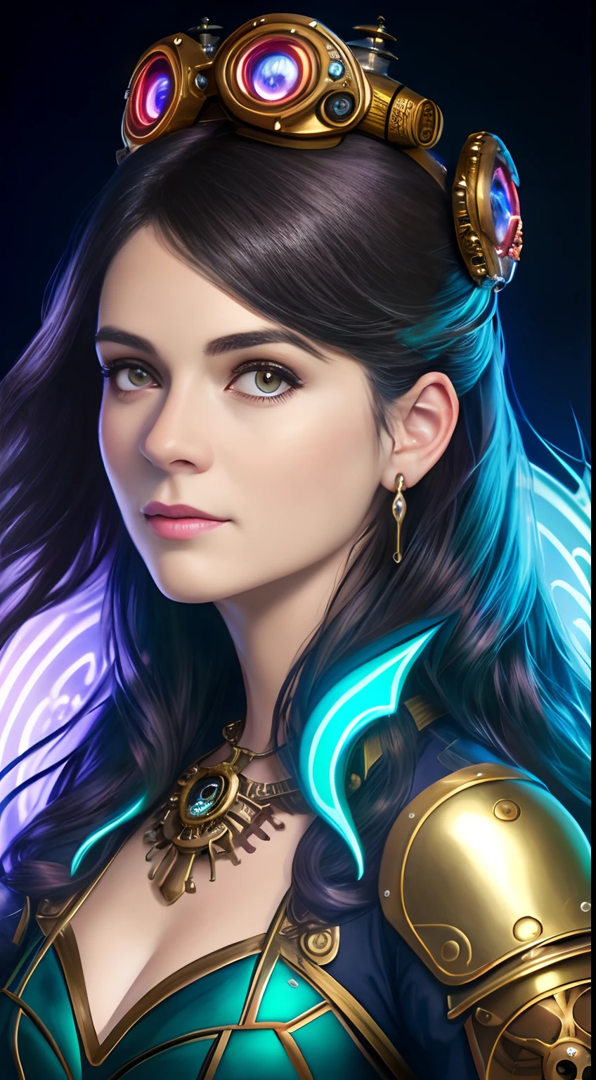 Clara Crawford, mulher bonita fotorrealista, Cabelos escuros, Head and shoulders, cobrir, pintura hiperdetalhada, Luminismo, bar lighting, Complexo, 4k resolution concept art portrait by Greg Rutkowski, Artgerm, WLOP, Alphonse Mucha, little fusion pojatti realistic steampunk, fractal  isometrics details bioluminescens : um realista impressionante