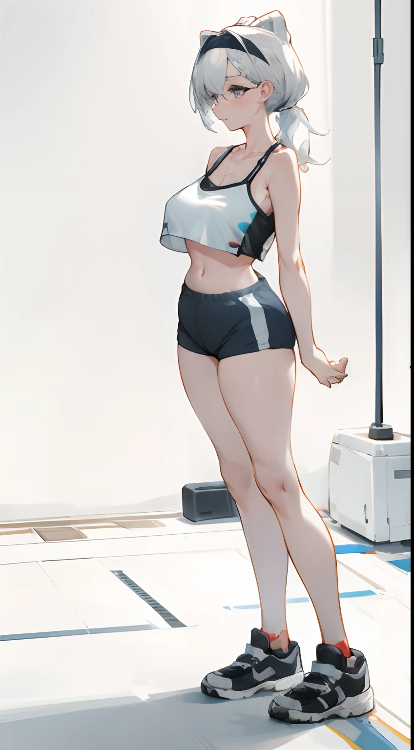Bigboobs,cropped shoulders,White color hair,High ponytail,Stand up,sporty attire,camisole,Leakage out of the collarbone,Neck leakage,athletic sneakers