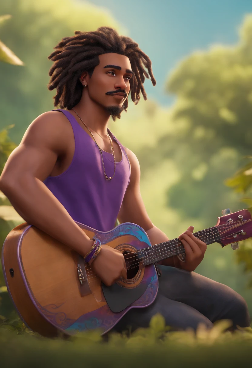 A Disney Pixar-inspired film of a 20-year-old brunette man with a thin face, dreadlocks hair tied up, hoop earrings, nose hoop pircing, mustache and goatee, tattoo on the right shoulder in a purple tank top, shorts, leather sandals on the feet, holding a 7-string guitar