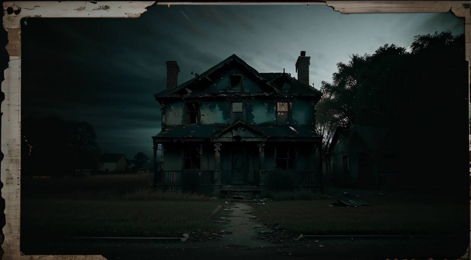 a photograph of an abandoned house at night, inspired by Diane Arbus, 35mm lens, cold color palette, expressions of mystery, dim lighting, sinister atmosphere--v 5 --stylize 1000