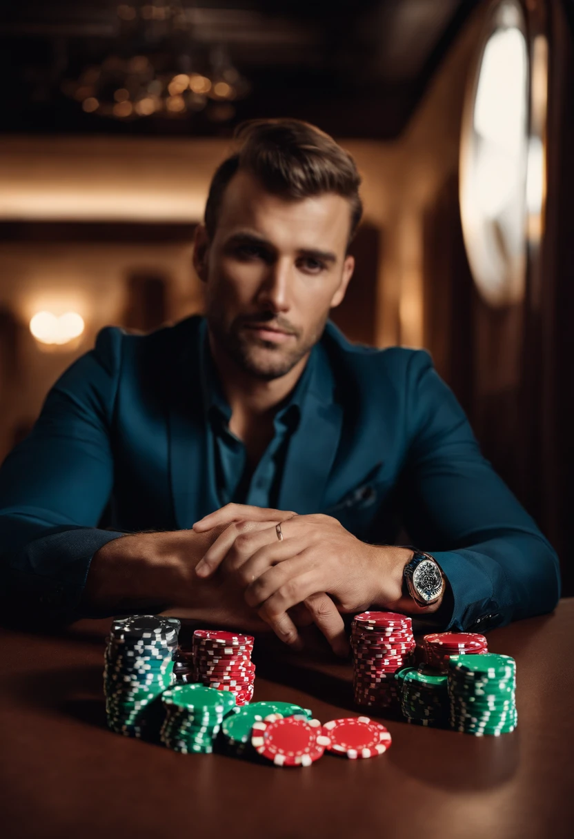 A man playing poker, with his hands resting on a stack of poker chips, captured in high-resolution imagery.
