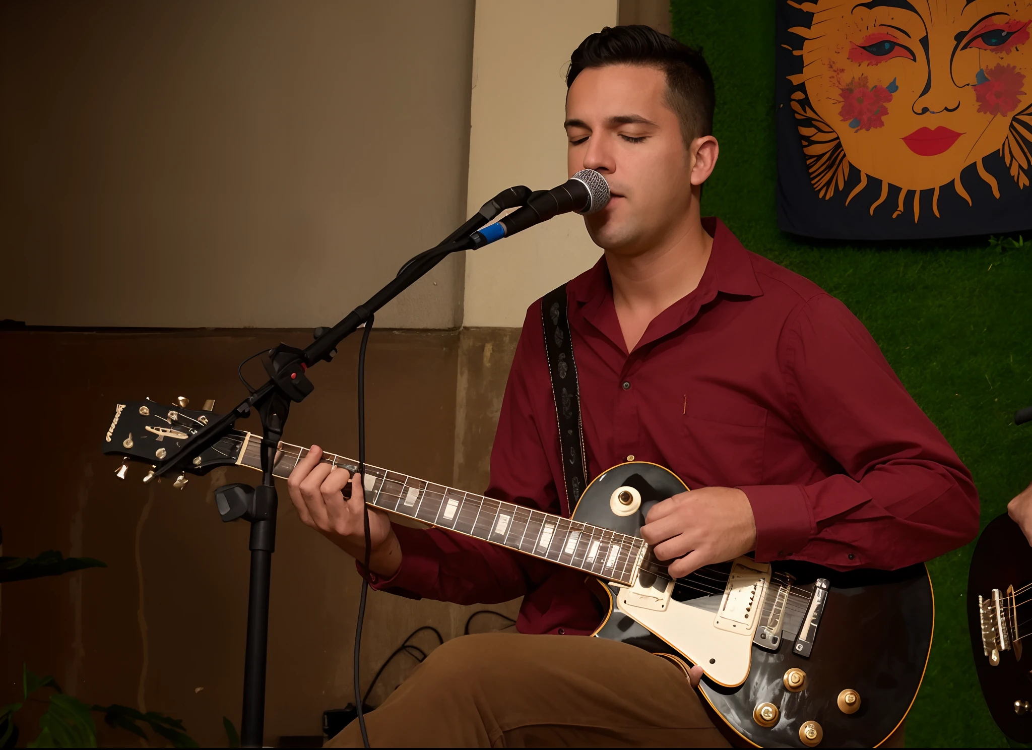There's a man who's playing guitar in front of a microphone, playing guitar on stage, Alex Miranda, Ed O'Brien (acoustic guitar), Foto de perfil, musician, live performance, Apresentando-se no palco, miles johnstone, acoustic guitarrista, Alex Flores, cantor e compositor, Liam, tuning, playing a Gibson Les Paul Guitar, Directed by: Joe Bowler, Man playing guitar, Tim