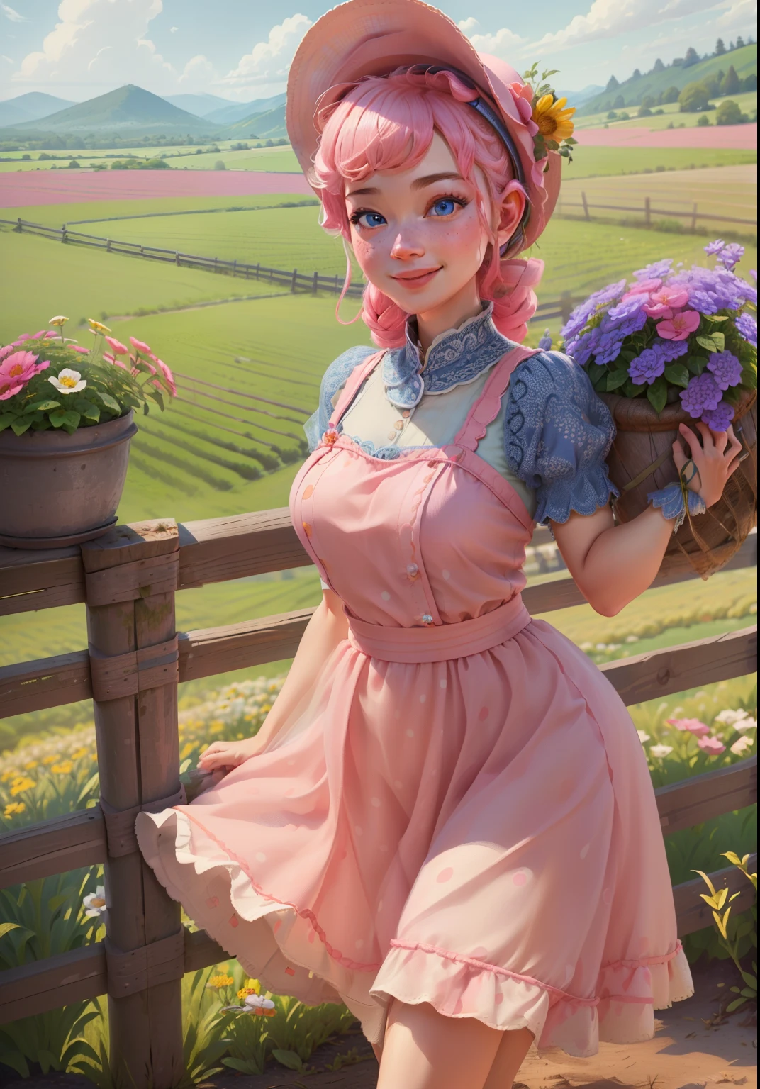 (BoPeepWaifu:1), smile, oriental, cute, cute pose, looking at viewer, thick thighs, :D, (pink dress, long skirt, polka dot, headwear:1.2), from above,
(realistic:1.2), (realism), (masterpiece:1.2), (best quality), (ultra detailed), (8k, 4k, intricate),(full-body-shot:1),(Cowboy-shot:1.2), (85mm),light particles, lighting, (highly detailed:1.2),(detailed face:1.2), (gradients), sfw, colorful,(detailed eyes:1.2),
(detailed ladscape, farm, fence, plants, flowers, sheeps:1.2),(detailed background),detailed landscape, (dynamic angle:1.2), (dynamic pose:1.2), (rule of third_composition:1.3), (Line of action:1.2), wide shot, daylight, solo,
