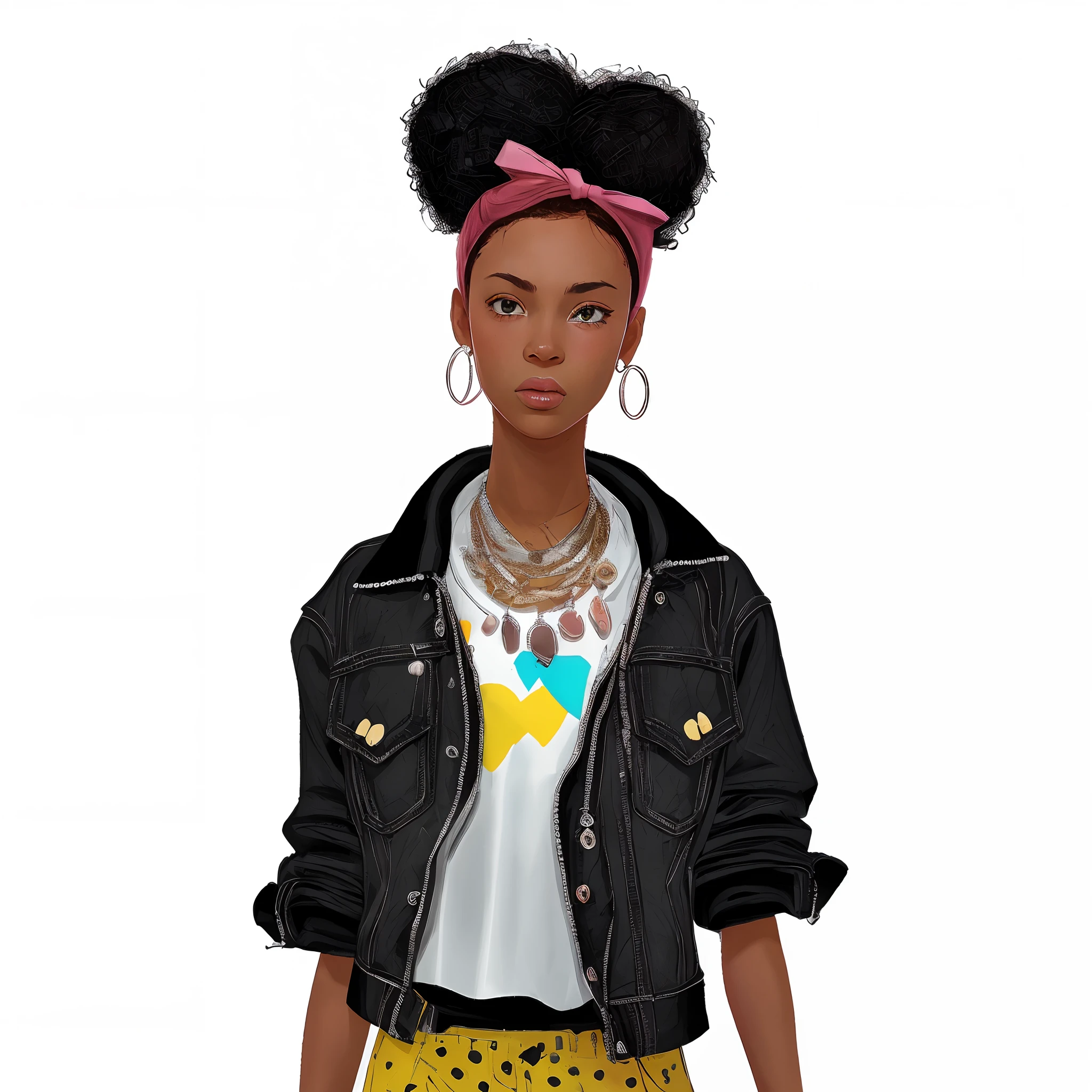 Realistic portrait of 9 year old girl, Beauty, handsome African-American ([dark brown skin color]) slum girl, cyberpunk with gun, chibi, tattooed, cyberpunk favela rio de janeiro, light summer clothes, cyberpunk style, ultra-quality digital art,