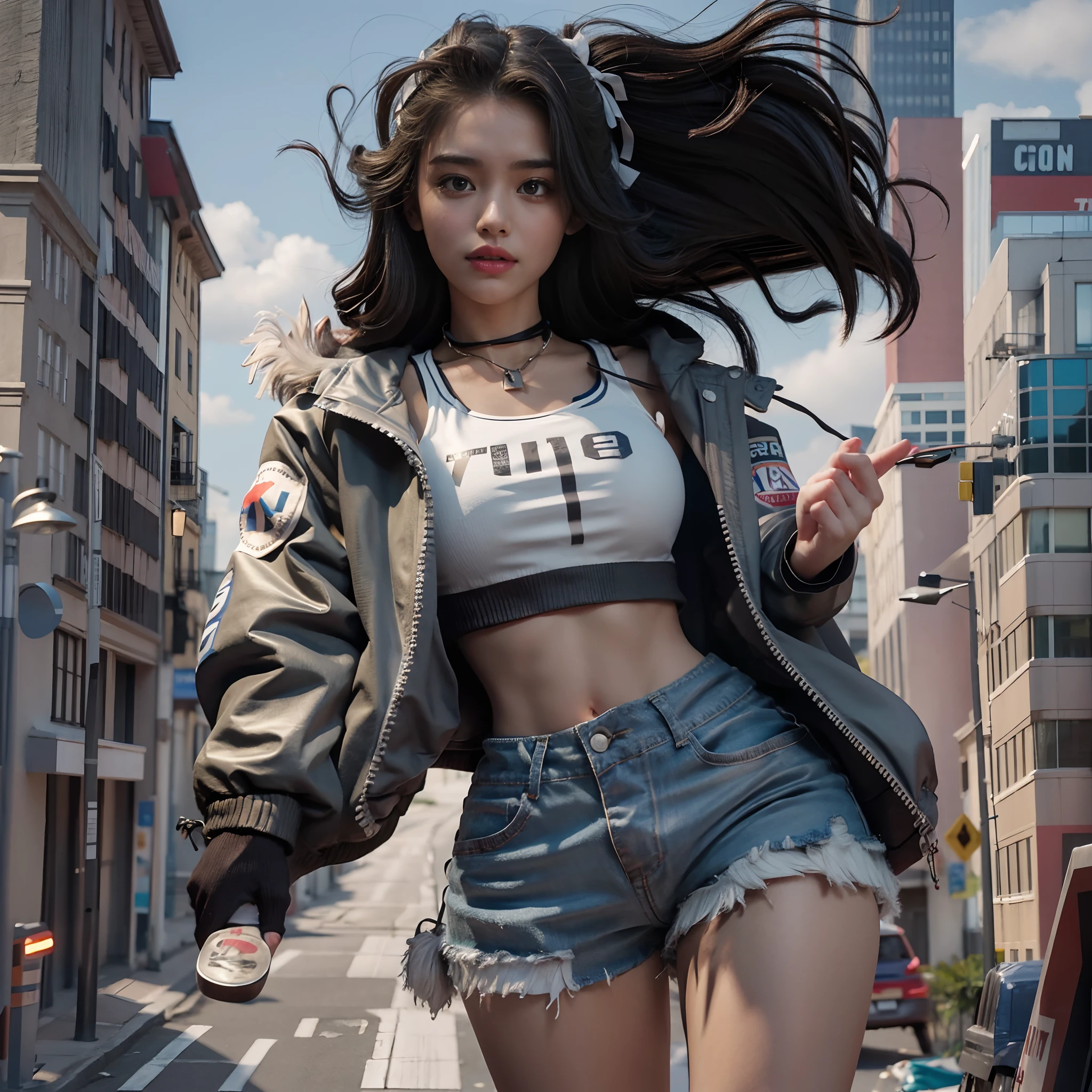 Giant Akari in crop top and jacket, pieds nus, Athletic Bodies, GTS Ville, City Buildings, smoke, mauvais