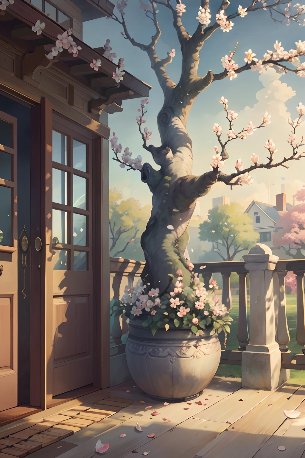 Original,(illustratio:1.1),(best qualtiy),(tmasterpiece:1.1),(the Extremely Detailed CG Unity 8K Wallpapers),(a color:1.2),Cherry Magnolia Tree,Magnolia petals,scenecy,rios|Wagas,
