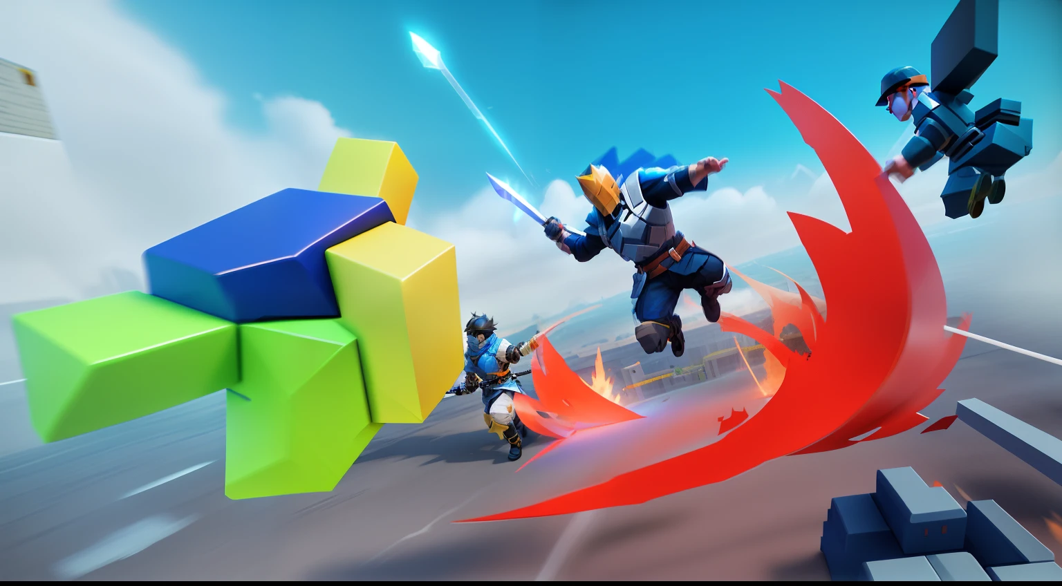 A man unleashed a sword swing,Knock three people into the air, Blocky, Sharp and clumpy shape, Brock Tober, pc screenshot, intense battles, 3 d game, virtual reality game, blocky shape, Intense combat, side scroller game, action scene screenshot, 2 d game, videogame still, 3d game art, 3d game art, brutal fight