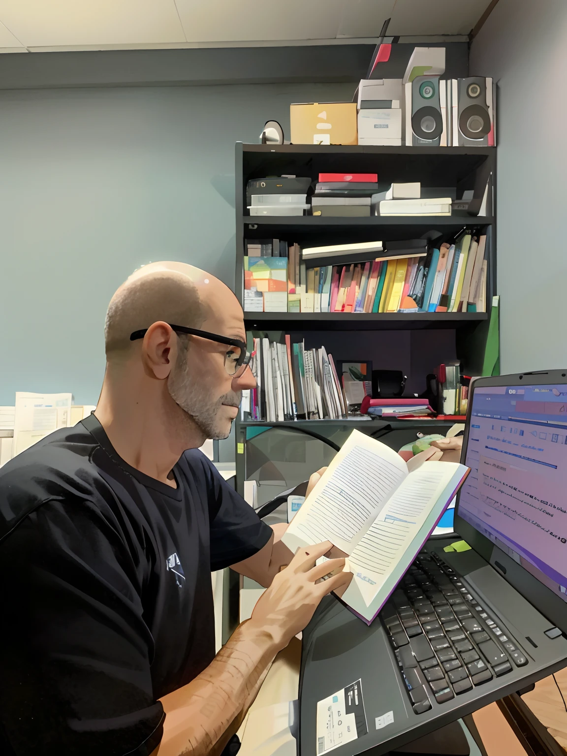 homem arafed sentado em uma mesa com um laptop e livro aberto, Lendo novo livro, Postagem no Reddit, estudar em uma sala iluminada, at office, Directed by: Steven Belledin, Ler um livro, leitura na biblioteca, Trabalhando, david rios ferreira, na frente de um computador, sentado em frente ao computador, Trabalhando em um laptop em uma mesa
