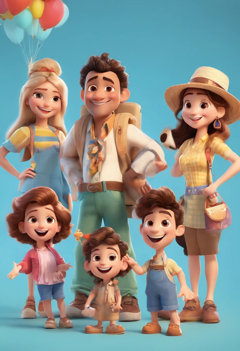 Cartoon of friends having fun on vacation together,  3D Animation Movie Poster, Poster de filme animado, pixar 3 d animation style, pixar renderman rendering, maia 8 mil, animated film, Disney Pixar Estilo 3D, amigos felizes saem juntos, all wearing light blue shirts and cream brown long pants, camisa azul clara, cream brown pants, ao ar livre, vacation, Disney Pixar Animation Poster