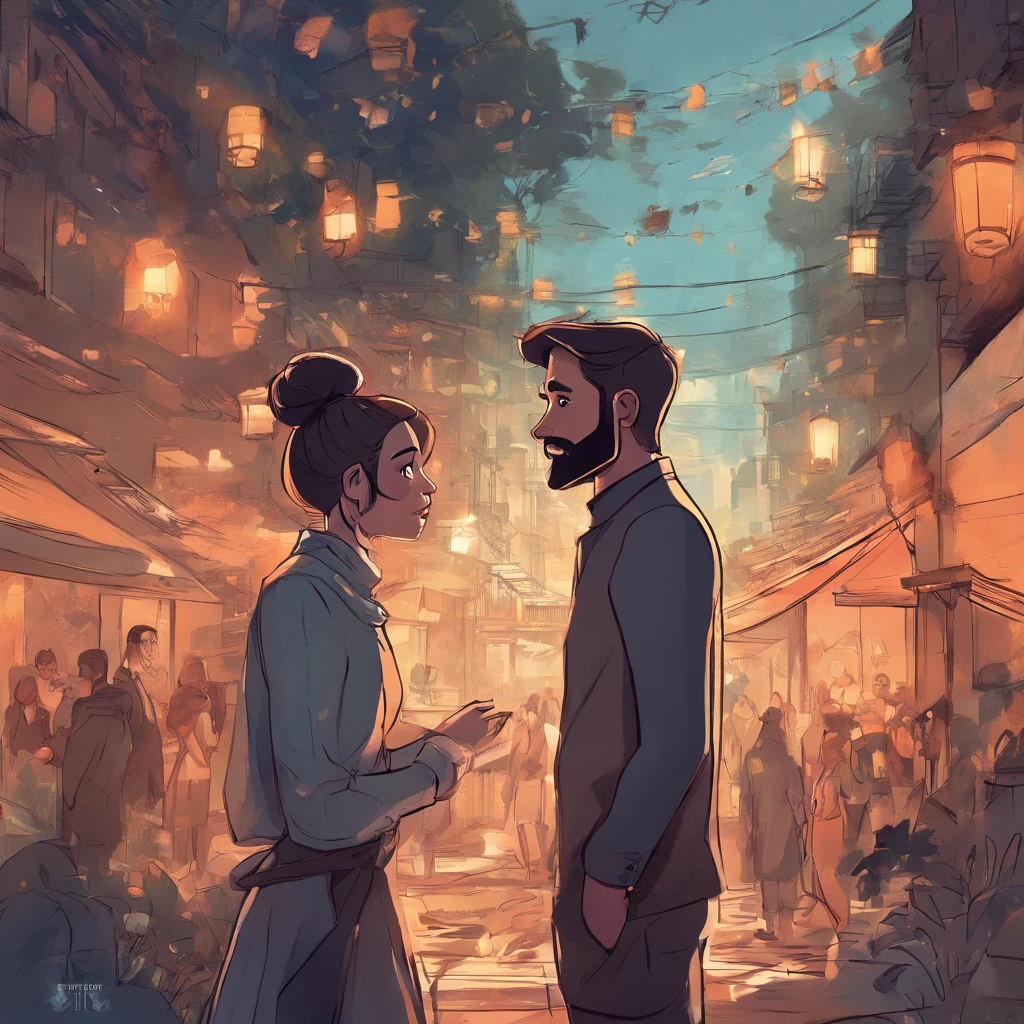 An illustration of an adorable couple, Highlighting a man and a woman with beauty, Expressive eyes – the man's hair is black tied into a bun. and black eyes and he has a full, black beard, while the woman's hair is tied up in a bun and black, long and straight. They are a bright space, everyone with a smile on their face, and share a special moment, which is marked by love, travel, and pedagogical insights. Illustrate this scene from a perspective, where they are facing away from the camera, Show your connection. Develop this art in Full HD, Focus on your cinematic touch, Disney Pixar Animations Style