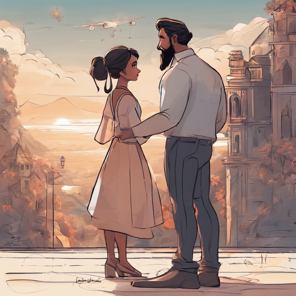 An illustration of an adorable couple, Highlighting a man and a woman with beauty, Expressive eyes – the man's hair is black tied into a bun. and black eyes and he has a full, black beard, while the woman's hair is tied up in a bun and black, long and straight. They are a bright space, everyone with a smile on their face, and share a special moment, which is marked by love, travel, and pedagogical insights. Illustrate this scene from a perspective, where they are facing away from the camera, Show your connection. Develop this art in Full HD, Focus on your cinematic touch, Disney Pixar Animations Style