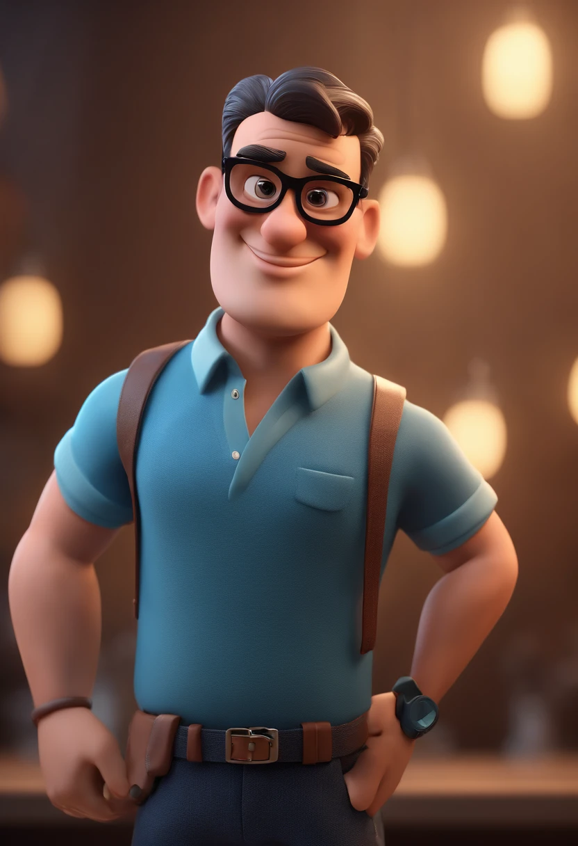 Cartoon character of a man with black glasses and a blue shirt, animation character, Caractere estilizado, animation style rendering, 3D estilizado, Arnold Maya render, 3 d render stylized, toon render keyshot, Personagem 3D, Personagem 3D, 3d rendering stylized, 3 d character render, personagem de desenho animado, Personagem de close up, Pose de personagem,  (Estilo Pixar) (master part:1.2) (Bokeh) (best quality) (pele detalhada) (textura detalhada) (8k) (argila) (Cinematic lighting) (foco nítido