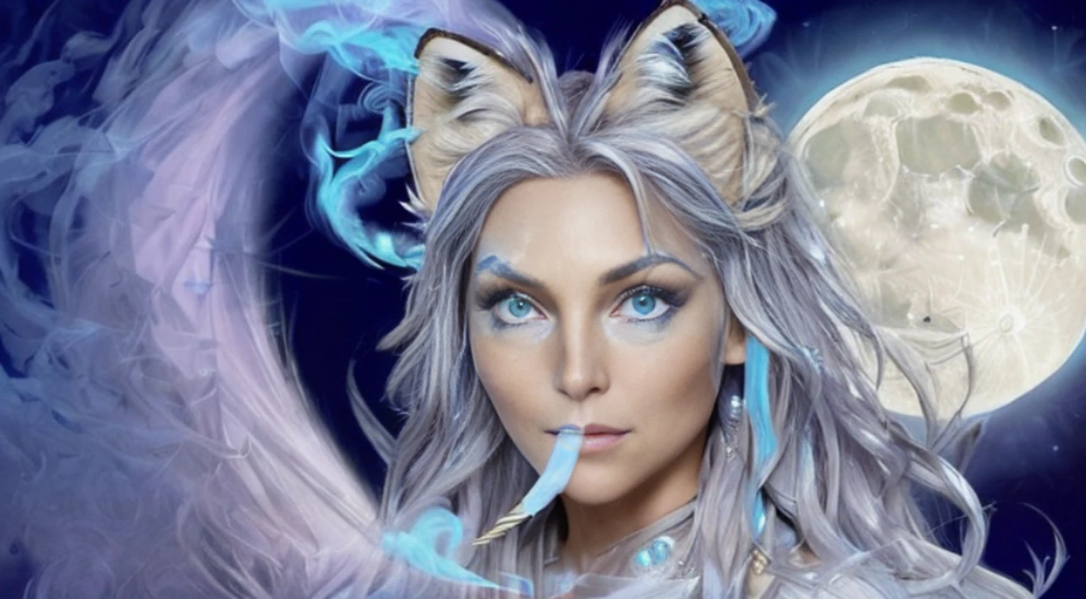 (Next to the anime girl with white-skinned fox ears before the full moon is a huge nine-tailed white fox:1.5), fantasia raposa amor, Raposa de cabelos brancos, anime raposa branca, anime fantasy illustration,(Fundo escuro da floresta,blue transparent smoke around:1.8), Arte de Silverfox,melhor qualidade, master part, ultrahigh-resolution, (fotografia realista:1.4), realismo ultrarrealista, Semelhante a um sonho,FusionArt, Shadow dancer, magia das sombras, darkeness, furtividade, passo da sombra, Umbral spells,