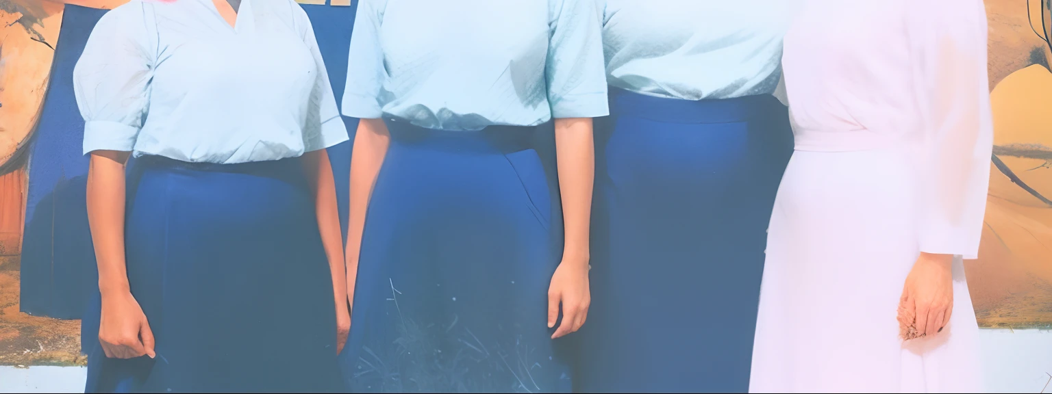 There are three women in front of a painting of a woman, closeup of arms, catalog photo, two hovering twin nuns, fechar 1 9 9 0, mangas destacadas, fotografia de close-up, close - up fotografia, fotografia em close-up, elongated arms, imagem granulada, hands not visible, imagem promocional do filme, Imagem promocional, levitating twin nuns