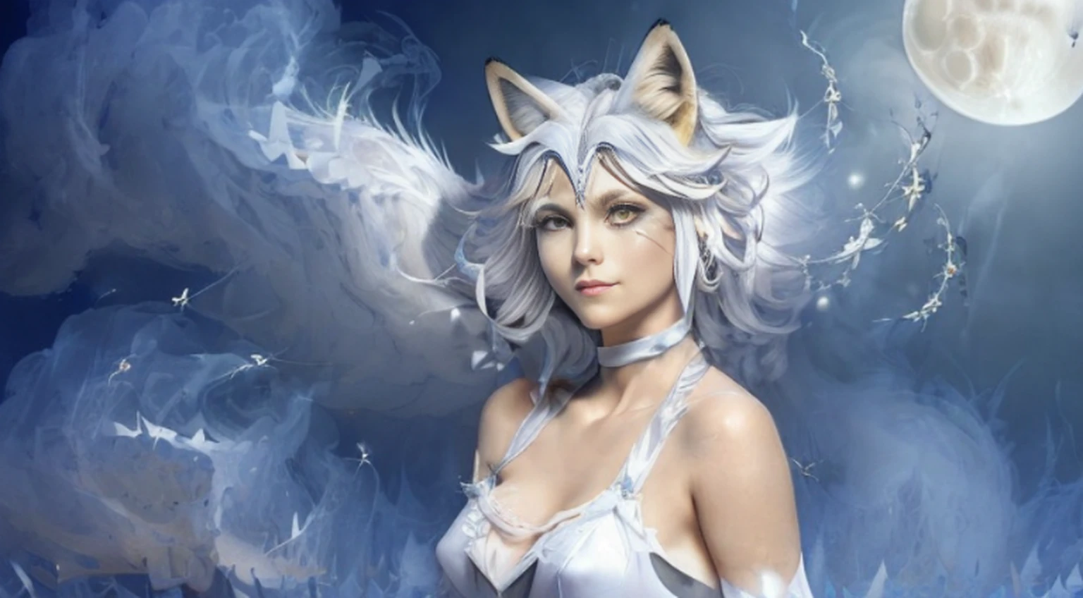 (Next to the anime girl with white-skinned fox ears before the full moon is a huge nine-tailed white fox:1.5), fantasia raposa amor, Raposa de cabelos brancos, anime raposa branca, anime fantasy illustration,(Fundo escuro da floresta，blue transparent smoke around:1.8), Arte de Silverfox,melhor qualidade, master part, ultrahigh-resolution, (fotografia realista:1.4), realismo ultrarrealista, Semelhante a um sonho,FusionArt, Shadow dancer, magia das sombras, darkeness, furtividade, passo da sombra, Umbral spells,