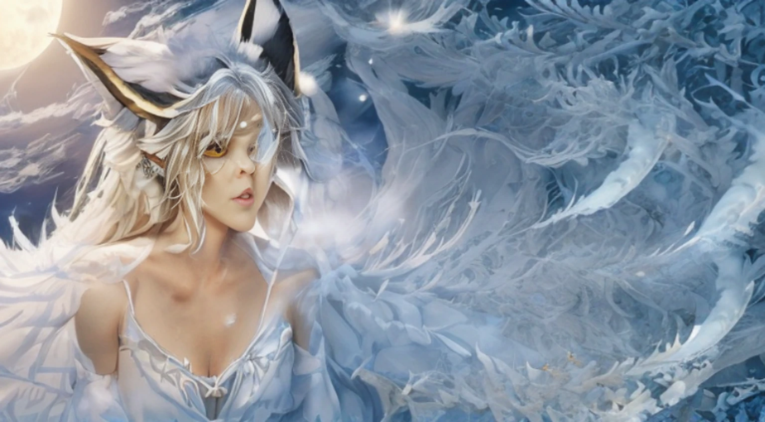 (Next to the anime girl with white-skinned fox ears before the full moon is a huge nine-tailed white fox:1.5), fantasia raposa amor, Raposa de cabelos brancos, anime raposa branca, anime fantasy illustration,(Fundo escuro da floresta，blue transparent smoke around:1.8), Arte de Silverfox,melhor qualidade, master part, ultrahigh-resolution, (fotografia realista:1.4), realismo ultrarrealista, Semelhante a um sonho,FusionArt, Shadow dancer, magia das sombras, darkeness, furtividade, passo da sombra, Umbral spells,