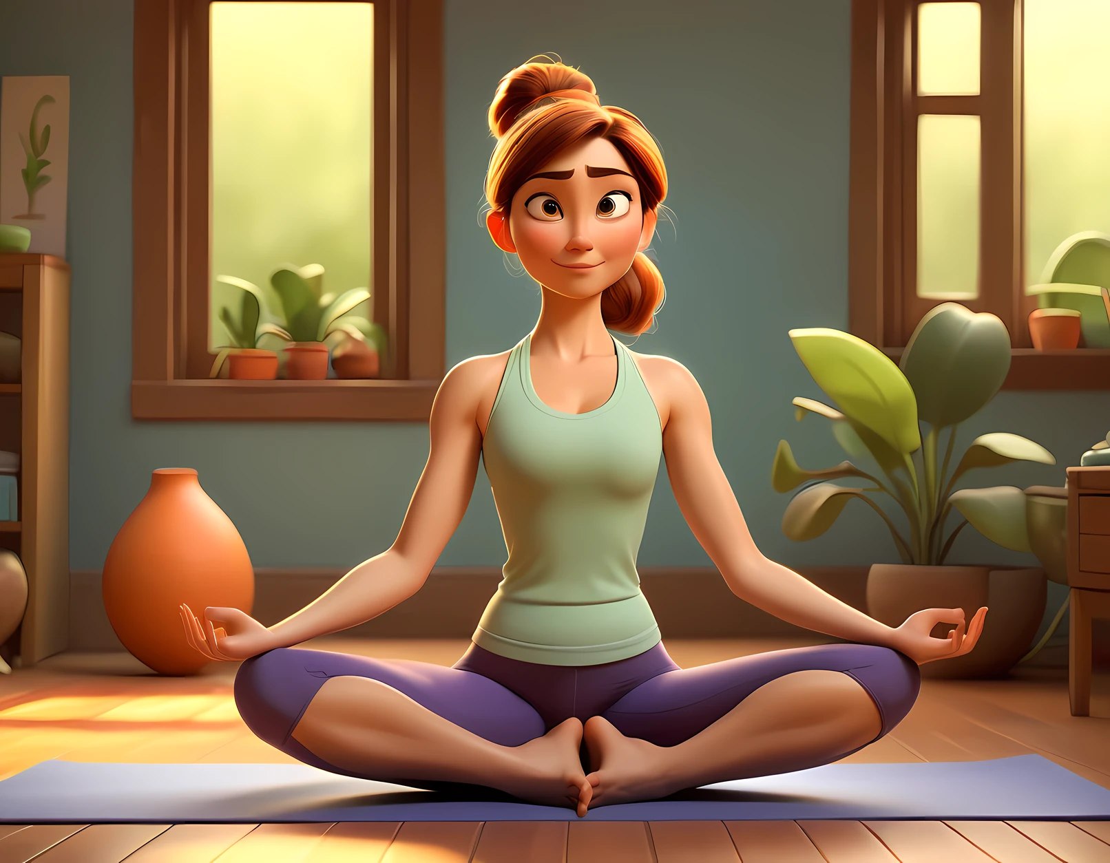 Pixar style:2,Beautiful yoga instructor practicing yoga