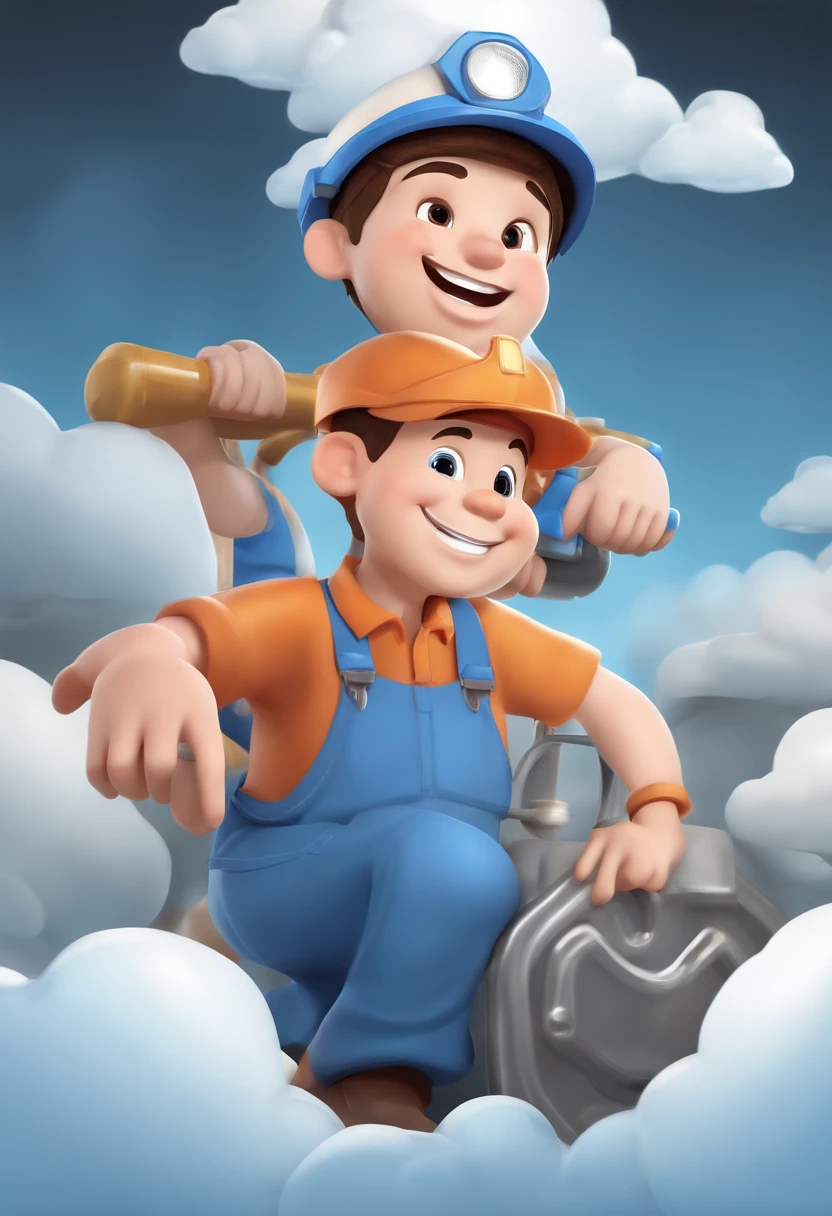 Cartoon image inkstone C4D effect Cartoon boy in hard hat smiling and holding clouds, beijing, Cute boy, wearing plumber uniform, Character Design Police Man, , nanquan, high quality illustration, Mining, kid, hd illustration, mascot illustrations, 千 葉 雄 大, coal, Blue-black, Boy, stickers illustrations, blue and black scheme