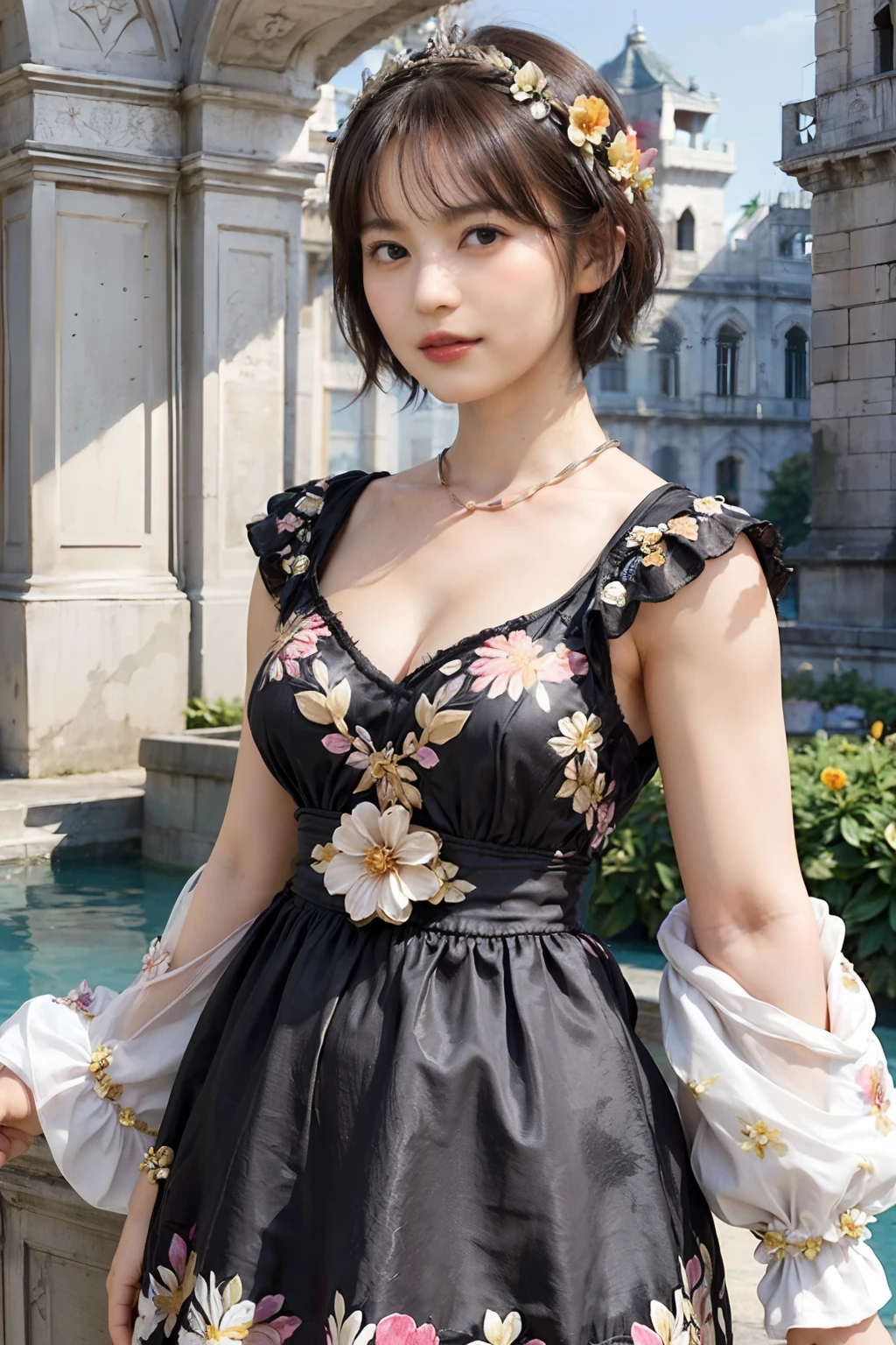 80
(20-year-old princess,is standing), (A hyper-realistic), (masutepiece), ((short-hair:1.46)), (Smooth black hair), (Breast:1.0), (kindly smile:0.9), (Floral Dresses:1.46), (Majestic Palace:1.46), Orange Lipstick