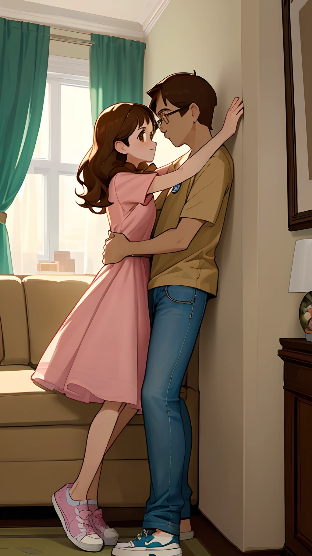 A Disney Pixar-inspired movie poster with title
(REBECCA e THYAGO). (A couple hugging in an apartment room with gray sofa, green and beige curtains, a tall thin girl, long straight brown hair, brown eyes wearing a pink dress and a white shoe, a thin guy with glasses with short brown hair, brown eyes wearing a blue polo shirt with jeans and sneakers.) the scene should be in the distinct digital art style of Pixar