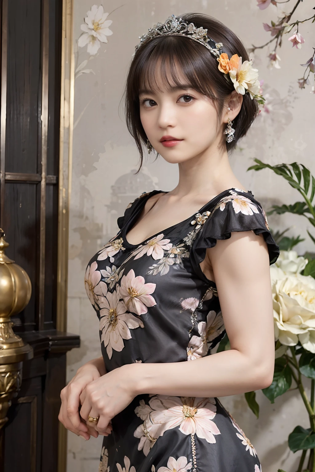 80
(20-year-old princess,is standing), (A hyper-realistic), (masutepiece), ((short-hair:1.46)), (Smooth black hair), (Breast:1.0), (kindly smile:0.9), (Floral Dresses:1.46), (Majestic Palace:1.46), Orange Lipstick