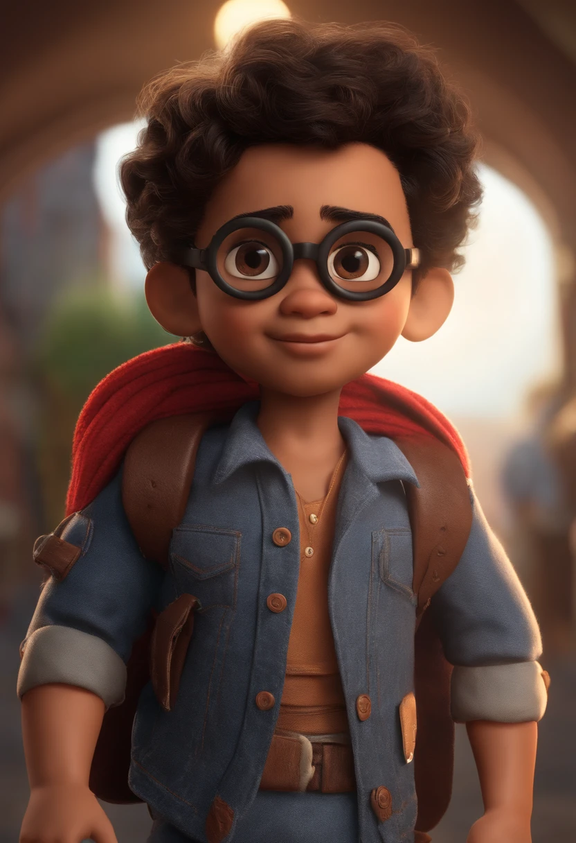 crie um banner no estilo Pixar. A boy with Indian features, musculoso, Asian eyes, wearing goggles, com bigode, moreno pardo com cabelos raspados, Castanhos escuros, Frizzy and slightly grayish appearance, mas jovem, usando uma camisa do flamengo, Wearing jeans and holding a classical guitar with 7 strings.
