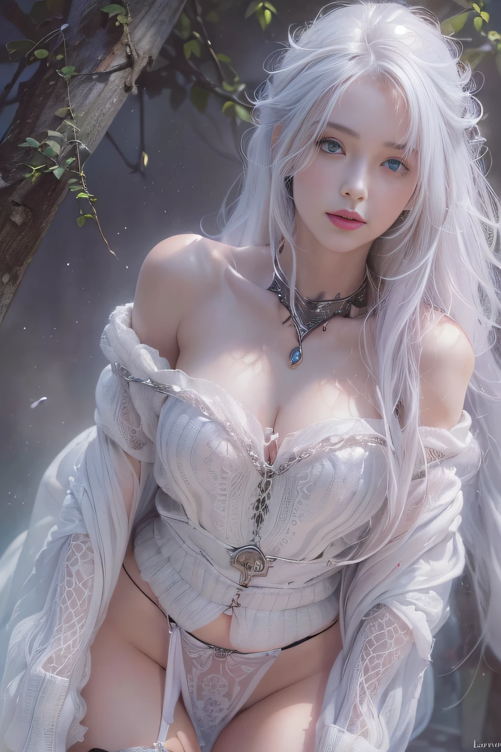 ((tmasterpiece:1.4)、(top-quality:1.4)、(reallistic:1.7))、By Luis Royo（By Luis Royo）Surreal portrait of a beautiful girl、Super beautiful girl、((1girl in:1.4))、Shiny natural skin texture、Authors：By Luis Royo（By Luis Royo）、age19、(Two arms:1.4、Two legs:1.4)、(perfect anatomia:1.4)、(Perfect female body:1.4)、Portrait photo of a girl、Close-up photos、Full body shooting、((masutepiece:1.4), (of the highest quality:1.4), (Realistic:1.7), By Luis Royo, Beautiful Girl, Super beautiful girl, ((1girl in:1. 4), Shiny natural skin texture, Authors: By Luis Royo, 19 years old, (Perfect female body: 1.4), (Perfect female body: 1.) 4), Portrait photo of a girl, Close-up photos, （Full body photo）, Fantasy Art, Soft front light, Beautiful expression, Kawaii face, Beautiful breasts, Large Full Breasted: 1. 2, Beautiful buttocks, Fine eyes, Clear and eye-catching, beautiful and alluring, Beautiful eyes, thin waist, Raw photo, Red lips, ((White hair, Long hair)) , 1 Screen View, ),((Off-the-shoulder hand-knitted sweater))、((Black tight skirt)）、 (sexyposture), (the milky way in the sky),((T-back panties))、((Black garters and garter belts))、(A smile)、((Vaginal orchids)）、((erection)）