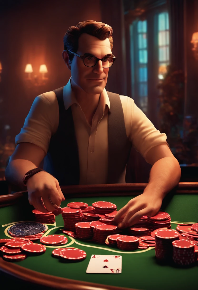 A man playing poker, with his hands resting on a stack of poker chips. Image rendered in the same graphical style as the Pixar movie "Up."
