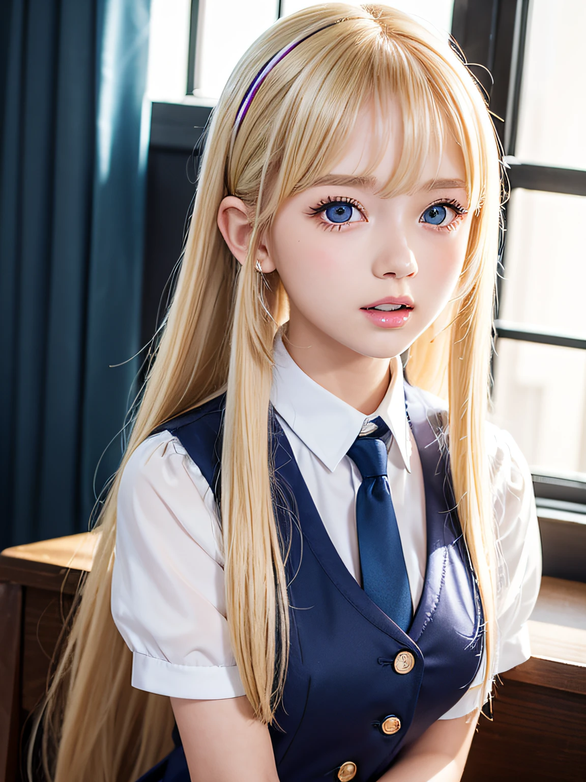 portlate、School Uniforms、bright expression、poneyTail、Young shiny shiny white shiny skin、Best Looks、Blonde reflected light、Blonde hair with dazzling highlights、shiny light hair,、Super long silky straight hair、Beautiful bangs that shine、Glowing crystal clear attractive big blue eyes、Very beautiful nice cute  girl、Lush bust